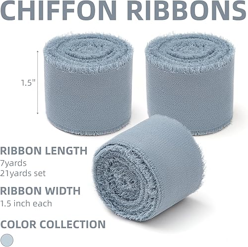 Miniatura 2 de 3 rollos de cinta de gasa de chifón azul polvoriento hecha a mano, 1.5" x 21 yardas con flecos deshilachados de seda (3 rollos * 7 yardas)