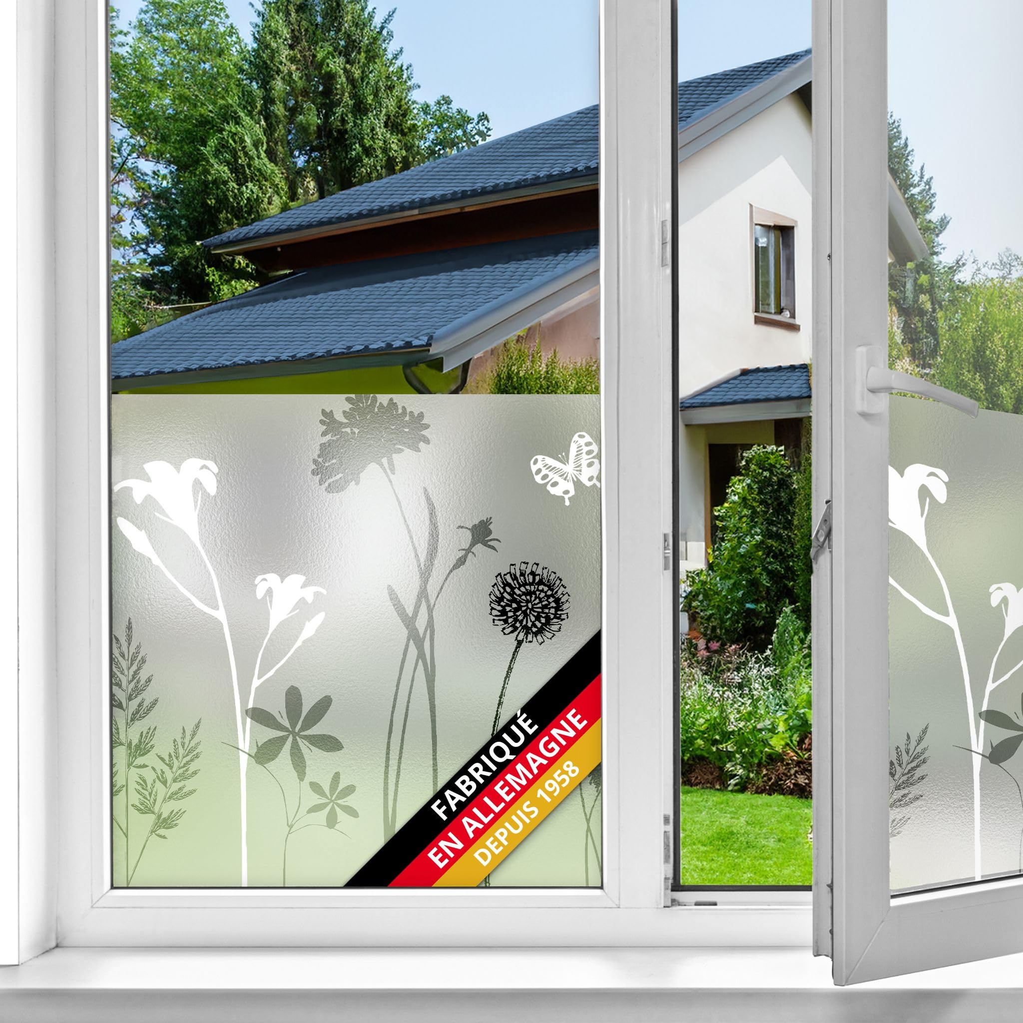 d-​c-​fix film pour fenêtre anti regard Fleurir 45 cm x 1,​5 m – film occultant statique pour vitres à motif moderne – adhérence statique, opaque, décoratif