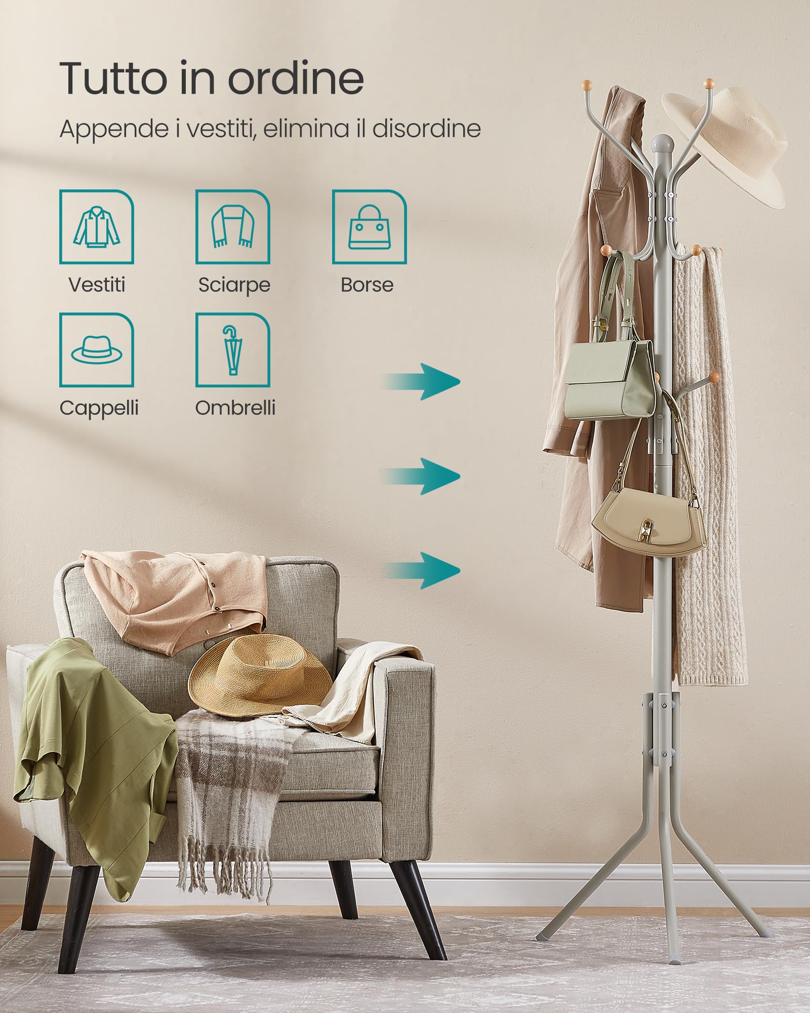 SONGMICS Appendiabiti da Terra, Attaccapanni Autoportante in Metallo, Altezza 182 cm, 12 Ganci, per Vestiti, Cappelli, Borse, Beige Cappuccino RCR019K01