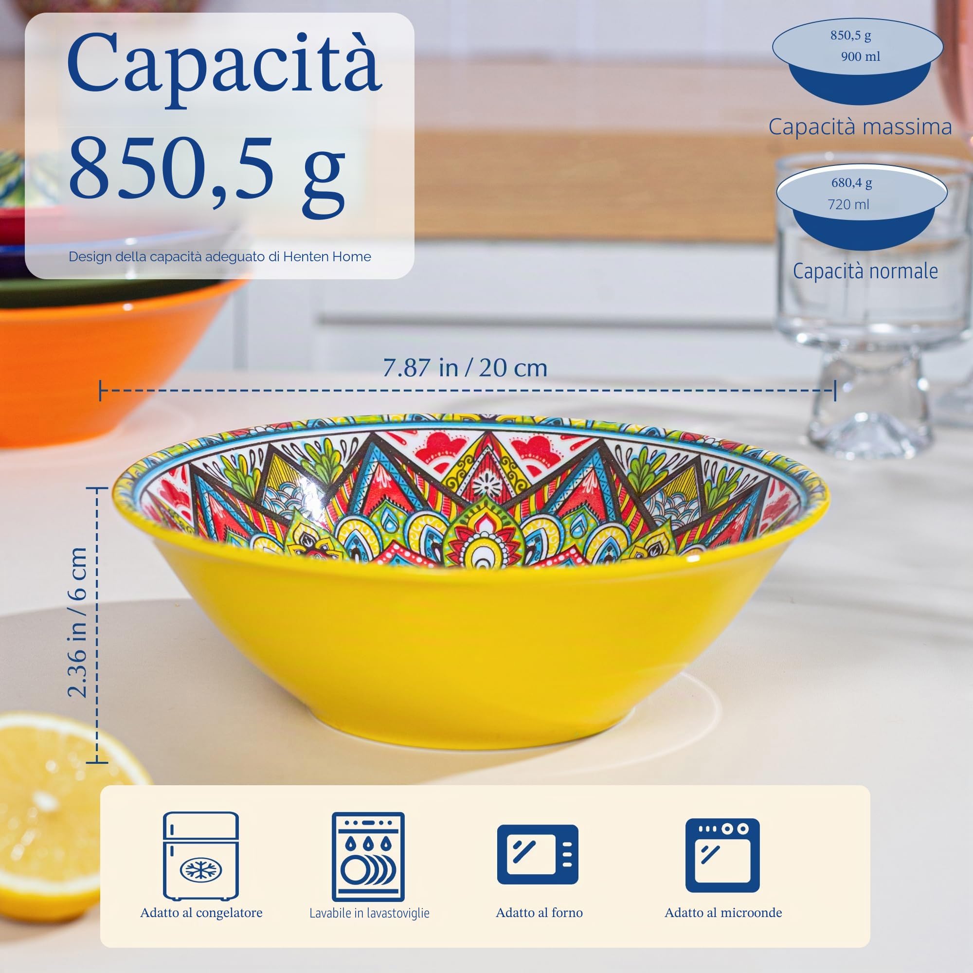 Henten Home Ciotole per Zuppa, Piatti Fondi Colorati in Ceramica - 900ml - Set di 6, Ciotole per Zuppa/Grandi Insalatiere Adatti al Forno a Microonde e Lavastoviglie - Stile Boho
