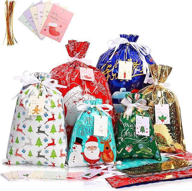30Pcs Christmas Drawstring Gift Bags, Assorted Sizes Holiday Foil Gift Wrapping Bag with Ribbon Ties and 30pcs Tags, Reusable Pouches Kids Presents Candy Cookies Sack Bulk Set for Xmas Party Favor