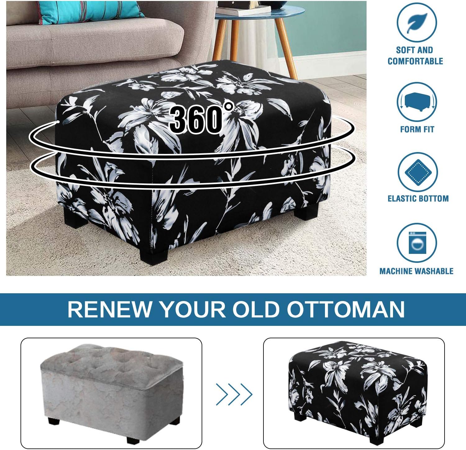 H.VERSAILTEX Ottoman Slipcovers Rectangle Super Stretch Footrest Sofa Slipcovers Footstool Protector Covers Feature Soft Thick Bouncy Modern Style with Elastic Bottom(Ottoman X-Large, Black)