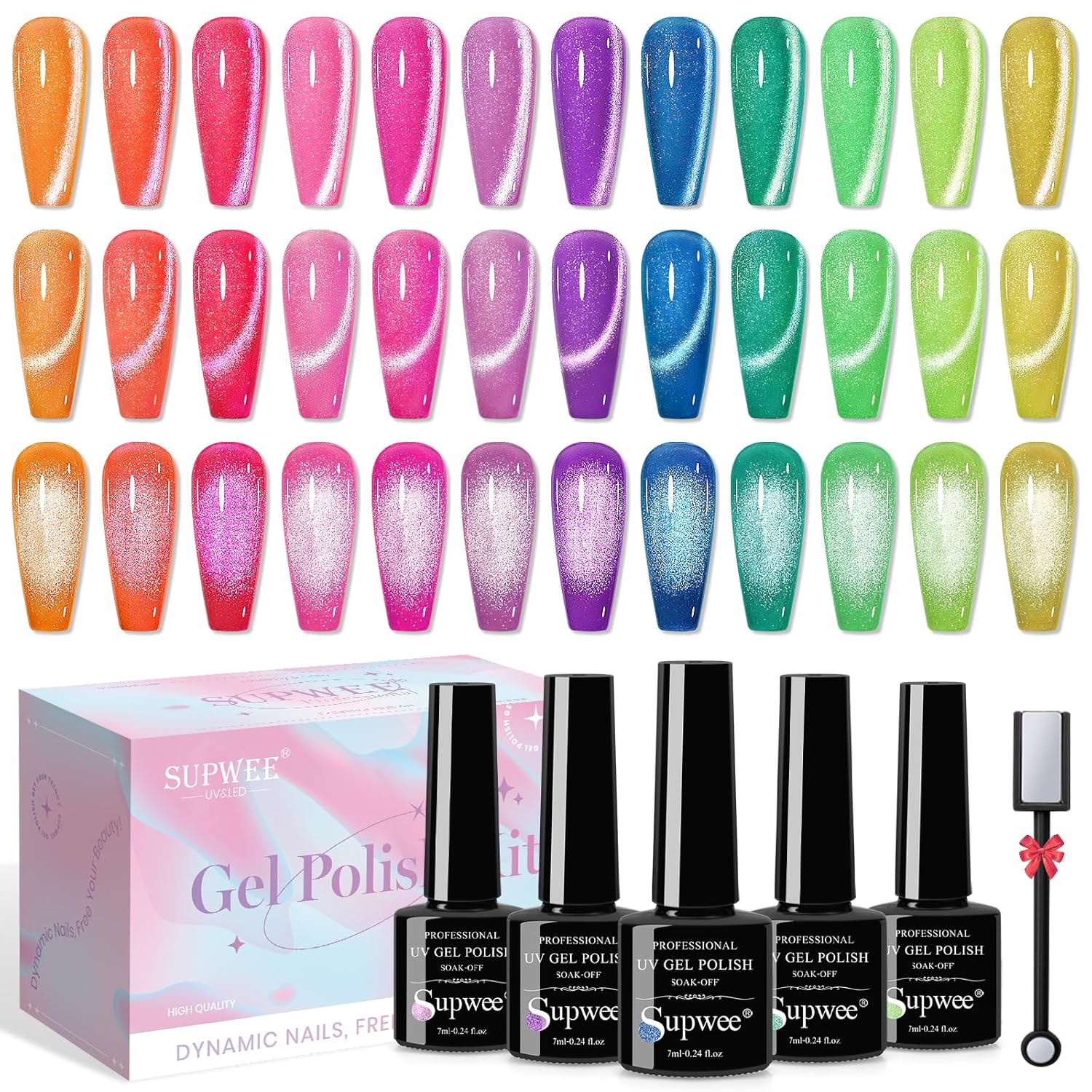 12 Colors Neon Cat Eye Gel Nail Polish with Magnetic Cateye Nail Polish Gel Yello Pink Purple Cat Eye Effects Summer Collection for Home Manicure