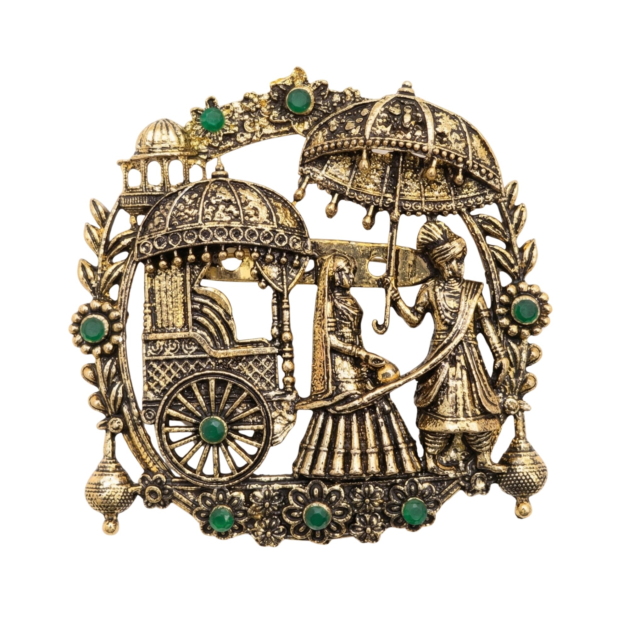 Royal Baraat Heritage Brooch - Antique Gold Wedding Palanquin & Groom Motif Lapel Pin with Green Stones-image-38