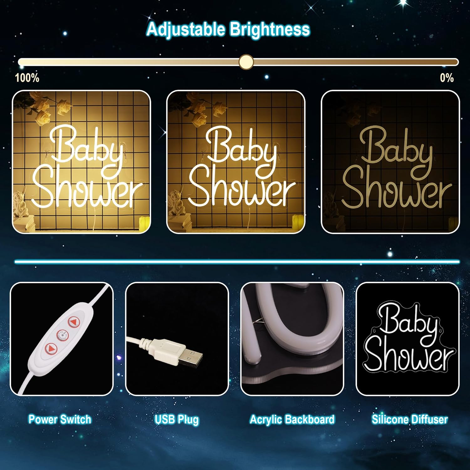 YuanDian Baby Shower Neon Sign, Dimmable LED Neon Lights USB Powered for Wall Decor, Baby Room Decorations, Light up Welcome Signs for Shower Party Birthday Backdrop