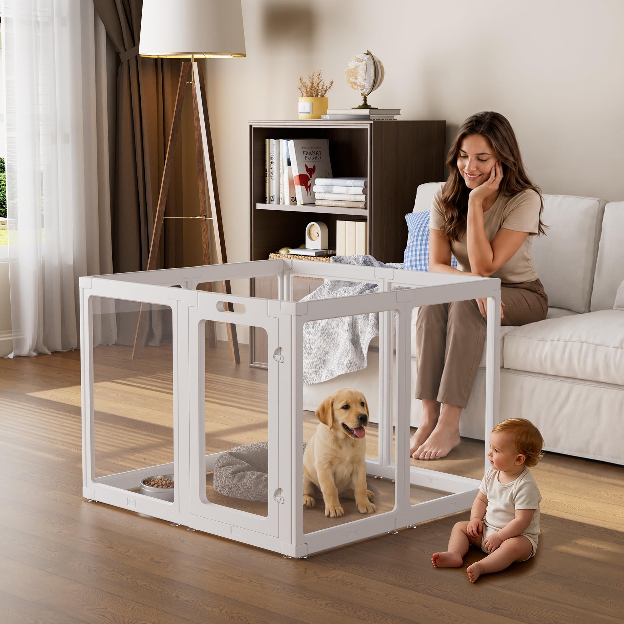 Clear Acrylic Dog Playpen Indoor Pet Pen, 35" H, White, 8 Panels