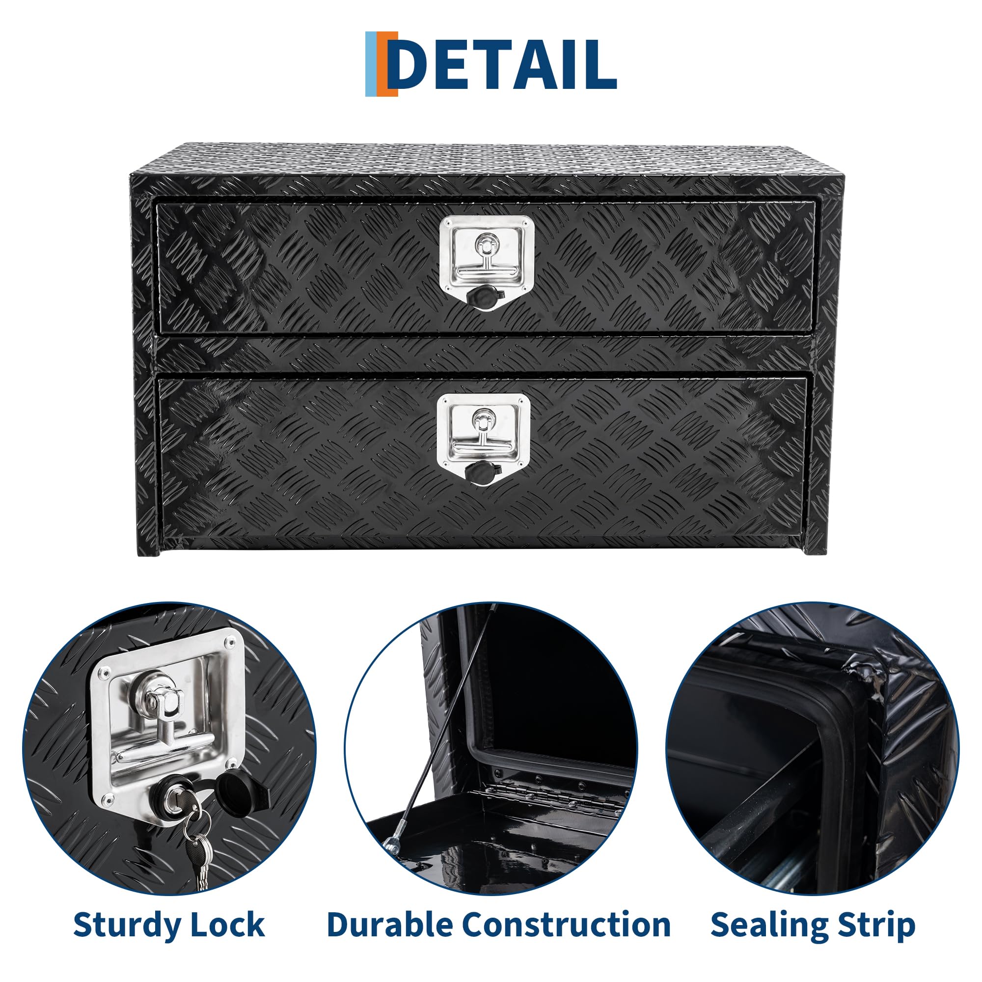 Schwerlast Aluminium Unterflur-Werkzeugkasten mit Schublade, 2 Ebenen, abschließbar & wasserdicht, für Pickup/LKW/RV/Anhänger – Schwarz – 61 x 46 x 51 cm