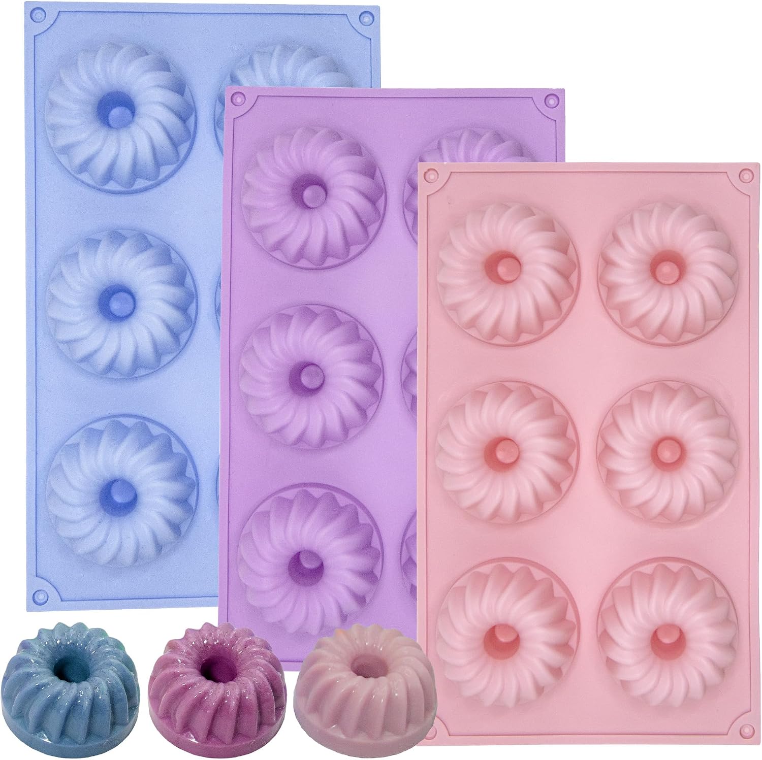 Jello Molds, 3pcs Silicone Fluted Tube Cake Pans, 6-Cavity Non Stick Silicone Baking Molds for Cupcake, Donuts, Muffin, Cornbread, Brownie, Jellies (Caltle-Pink+Blue+Gray)