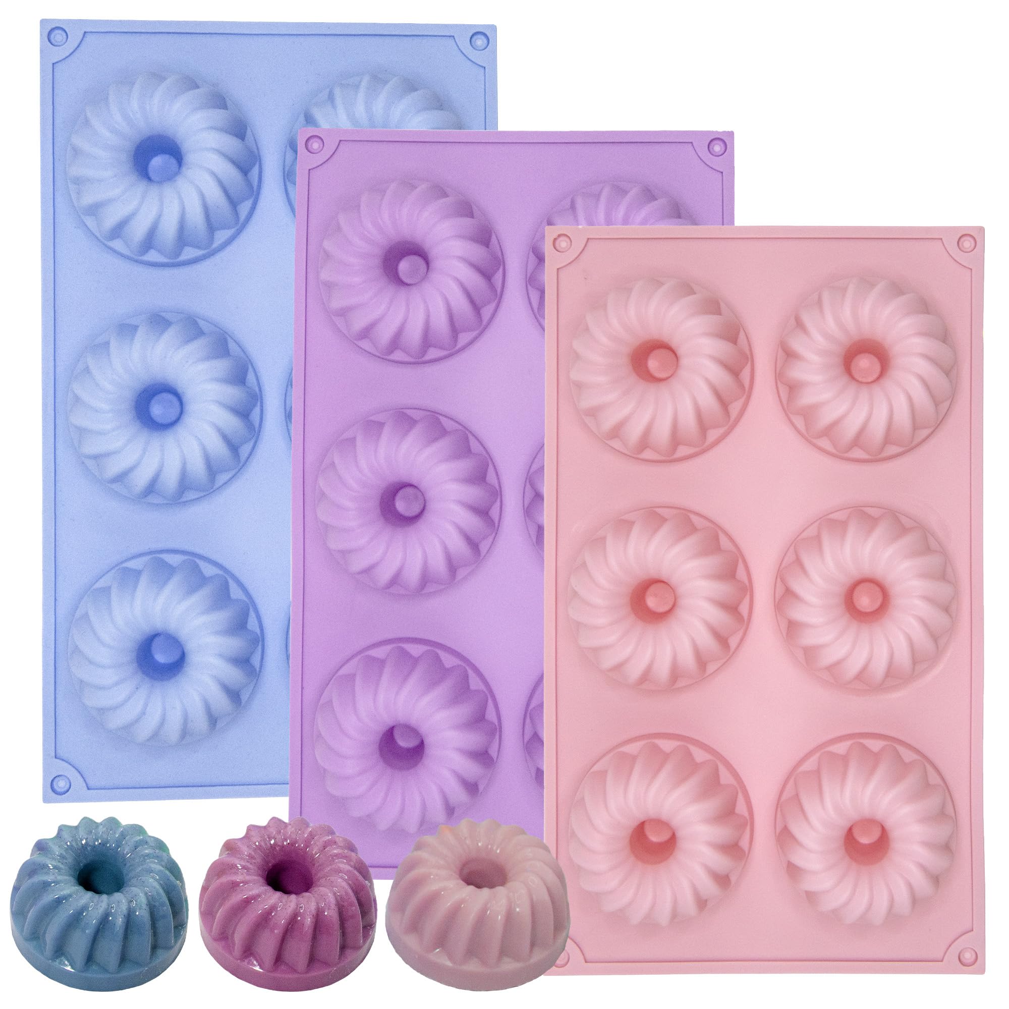 LGQUK Jello Molds 3pcs Silicone Fluted Tube Cake Pans, 6-Cavity Non Stick Silicone Baking Molds for Cupcake, Donuts,Muffin, Cornbread, Brownie, Jellies (Purple+Blue+Pink, Fluted Tube)