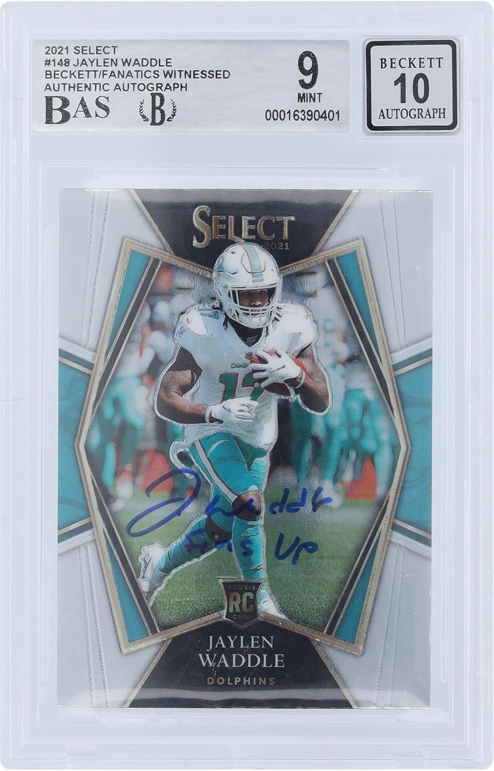 Jaylen Waddle Miami Dolphins Autographed 2021 Panini Select Premier Level #148 Beckett Fanatics Witnessed Authenticated 9/10 Rookie Card with "Fins Up" Inscription - Football Slabbed Autographed
