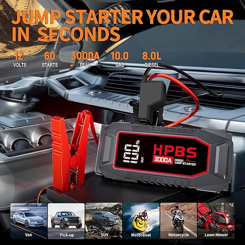 Miniatura 2 de Arrancador de vehículos de 3000 A, para todos los motores de gasolina de hasta 10L y diésel de 8L, batería portátil de 12V con pantalla LCD de 3.0