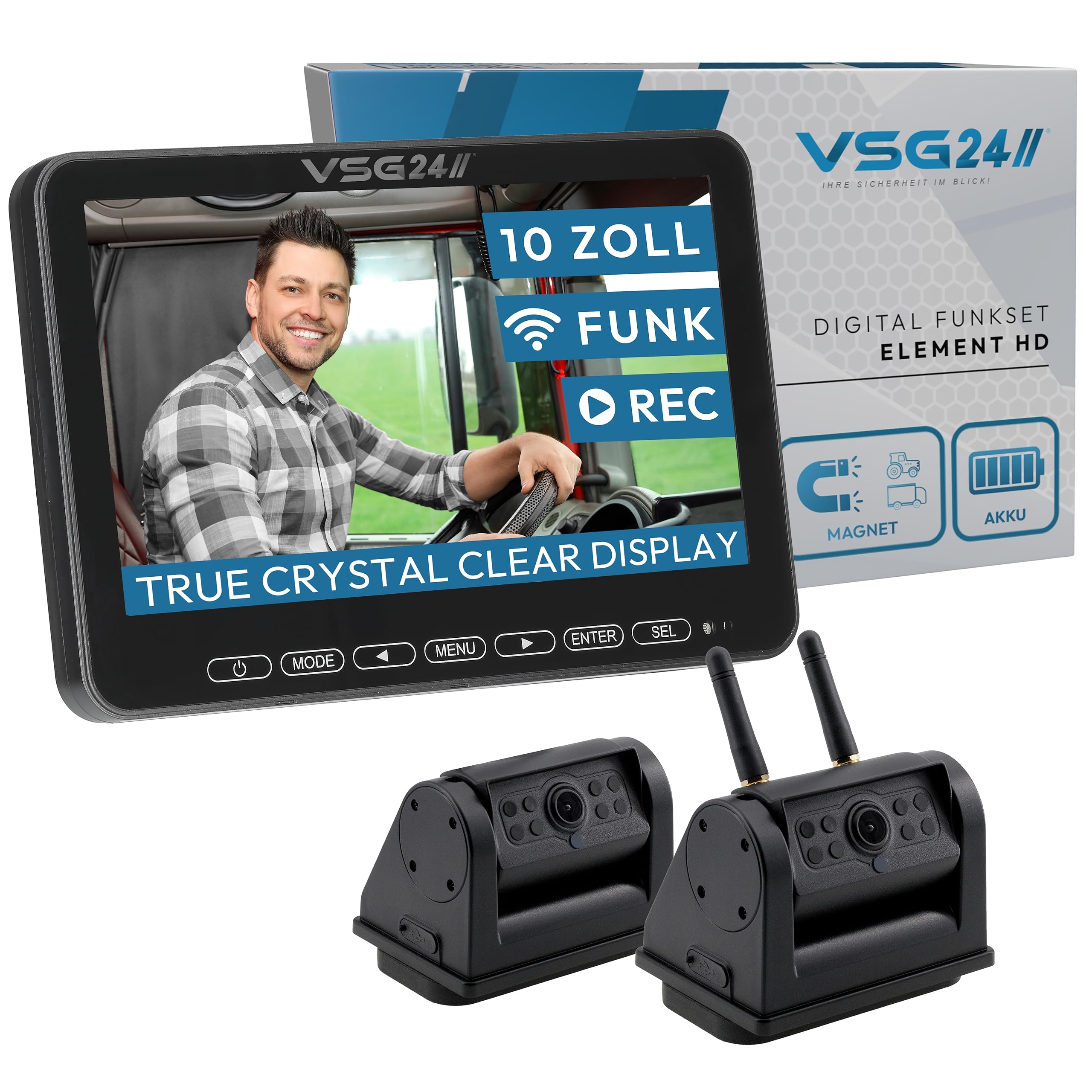 VSG24 "10" Element HD XL | 2 kamery, radiowy system cofania, akumulator magnetyczny do przyczep kempingowych i ciężarowych, zestaw samochodowy bezprzewodowy, w zestawie kamera cofania + monitor
