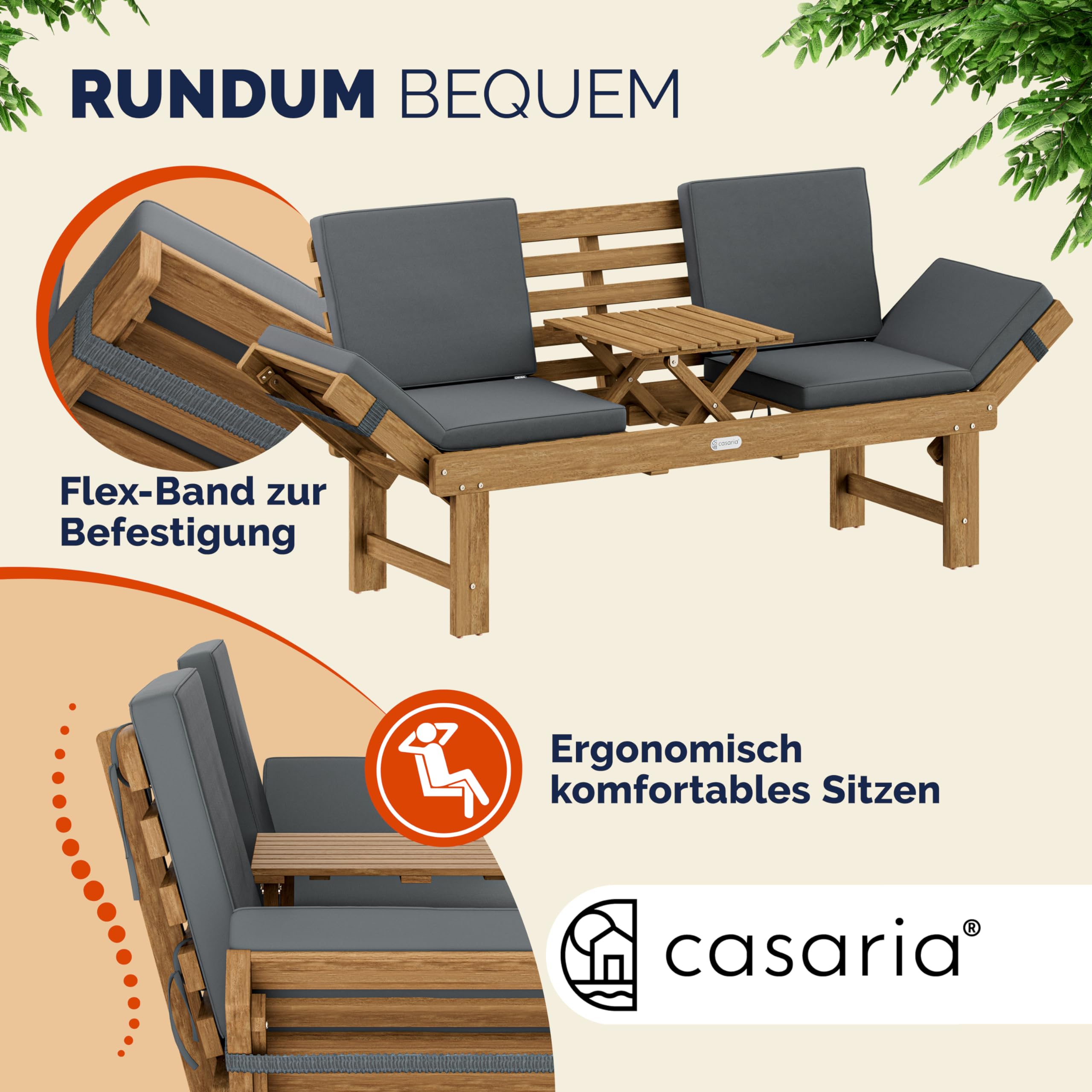 Casaria® Gartenbank Wetterfest Holz mit Tisch 200x50cm Klappbar 320kg Belastbar FSC®-Zertifiziert 3-Sitzer Garten Balkon Holzbank Akazie 3 Personen
