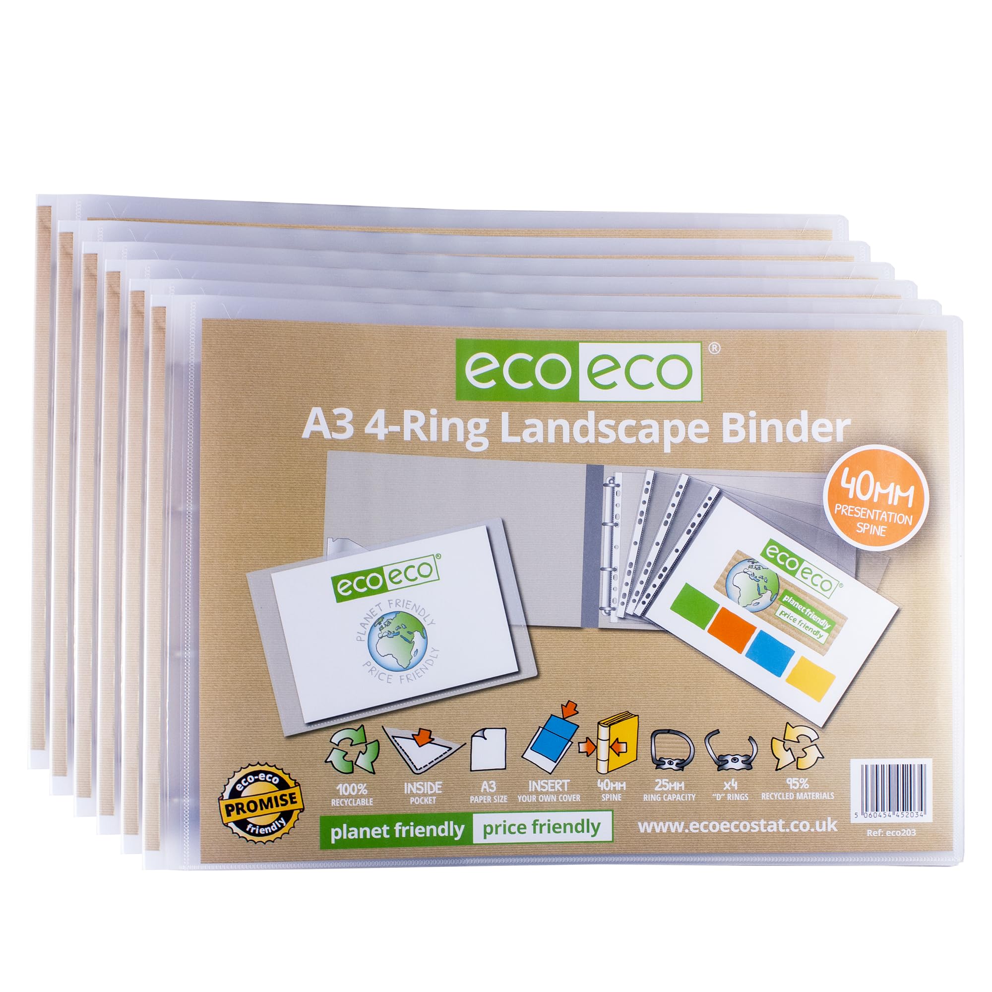 eco-eco A3 95% Recycled 4-D Landscape Clear Presentation Ring Binder File Folder, 40mm Spine, Artwork Portfolio, Pack of 6 Folders, eco203x6