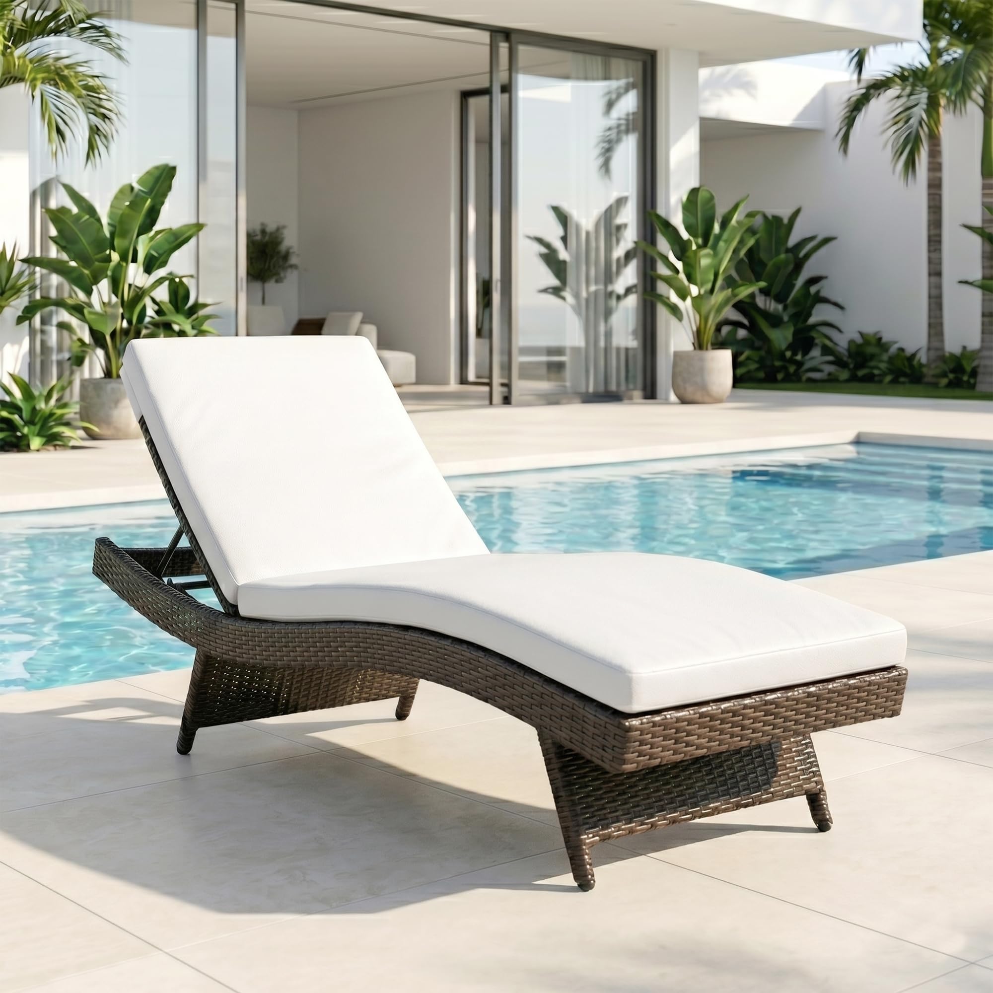 BRISHI Rattan Outdoor Swimming Poolside Lounger Beach Sunbathing Lawn Patio Chaise Lounge Sun Lounger Chair Adjustable Backrest (Dark Brown +White)