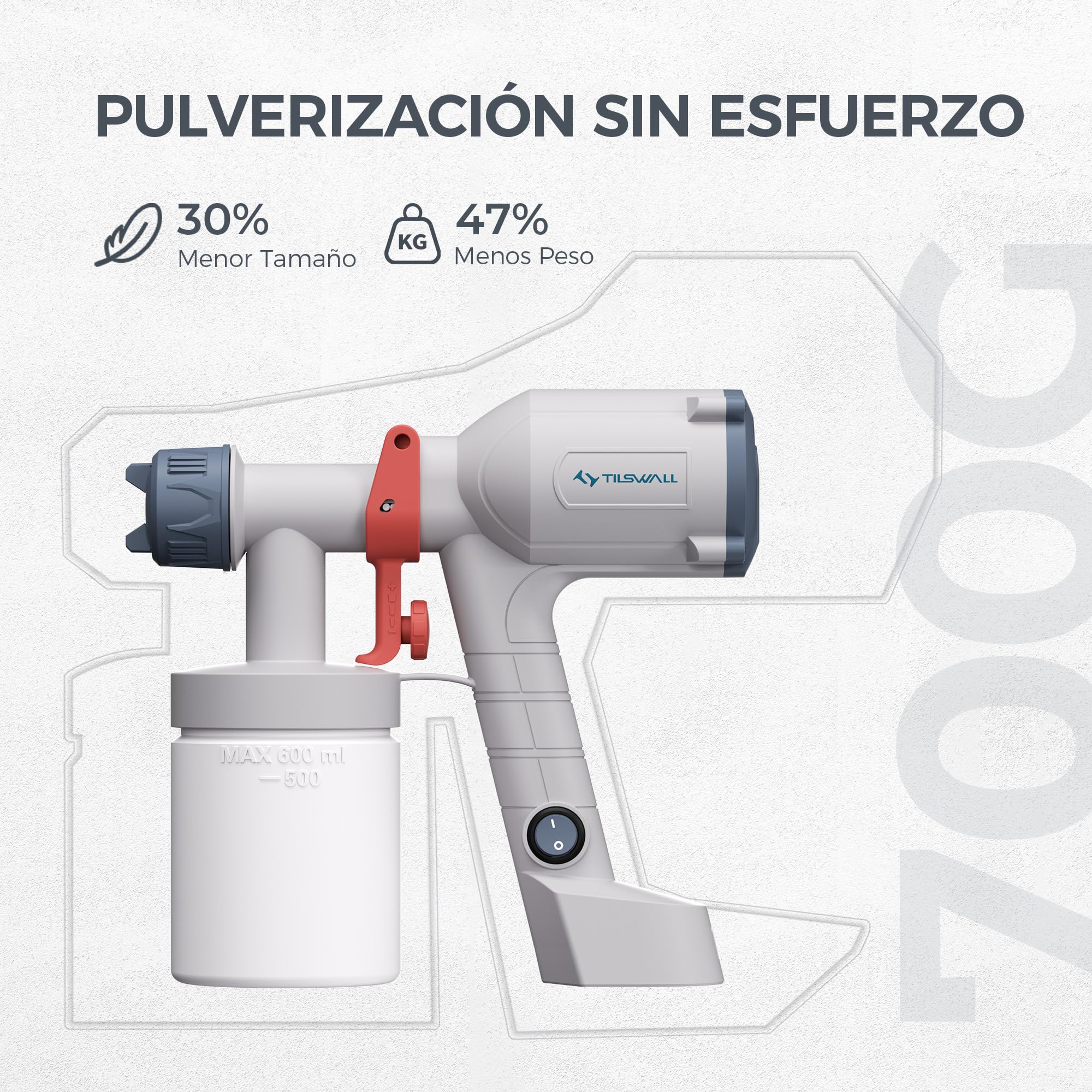 Tilswall Pistola de Pintura Eléctrica - Versión Mejorada Pulverizador de Pintura Ultraligera con Tanque Desmontable De 600ml, 2 Boquillas & 3 Modos, Paredes, Techos, Muebles, Vallas, Jardín, Blanco