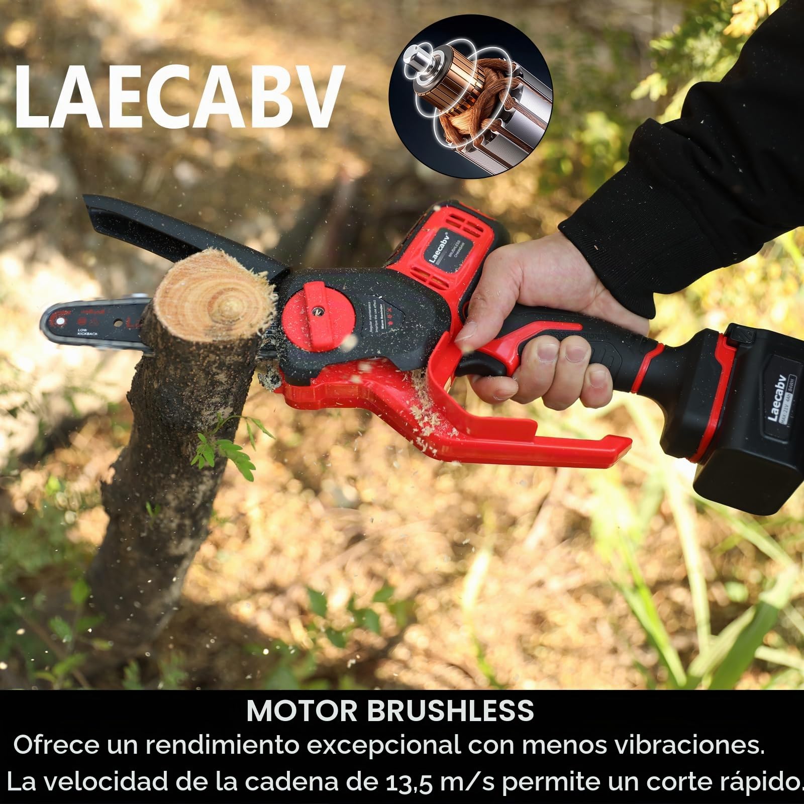 Laecabv Mini Motosierra Eléctrica de Mano, Rojo | Batería no incluida, Bloqueo de Seguridad, Para árboles, Para ramas, Para jardín
