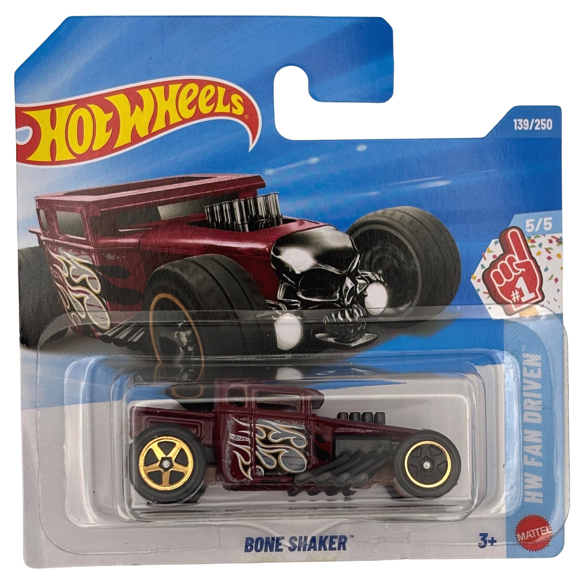 Hot Wheels - Bone Shaker – HW Fan Driven 5/5 – JJJ92 – Short Card – czerwone wino – Mattel 2026 (139/250) – kultowy model Hot Rod Skull – 1:64