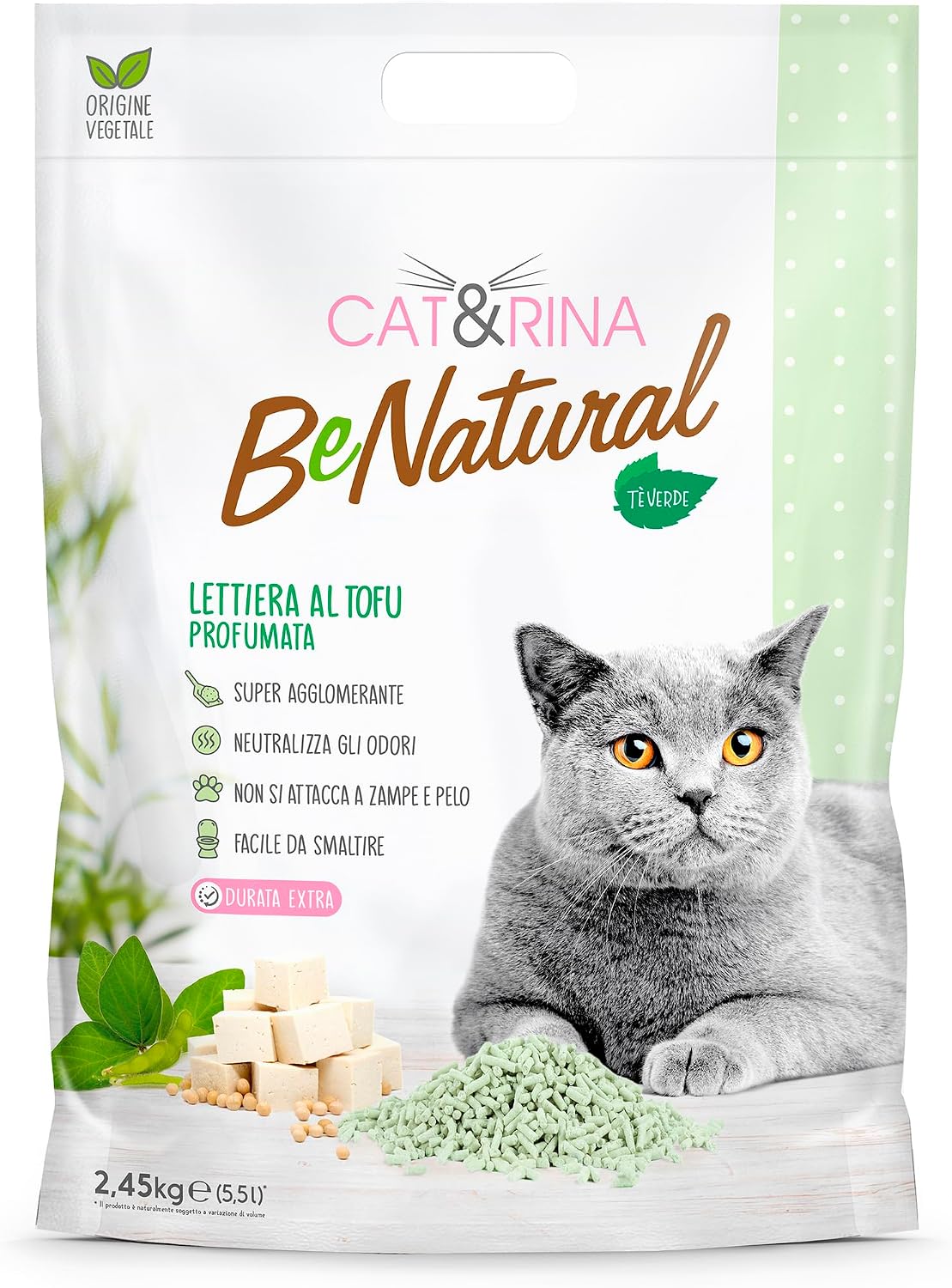 Cat&Rina Tofu Cat Litter Tray 5.5L Vegetable Clumping Cat Litter - Up to 30 Days of Use - Dispose in Organic or Toilet - Odour Sand, Green Tea Fragrance, 2 Pack