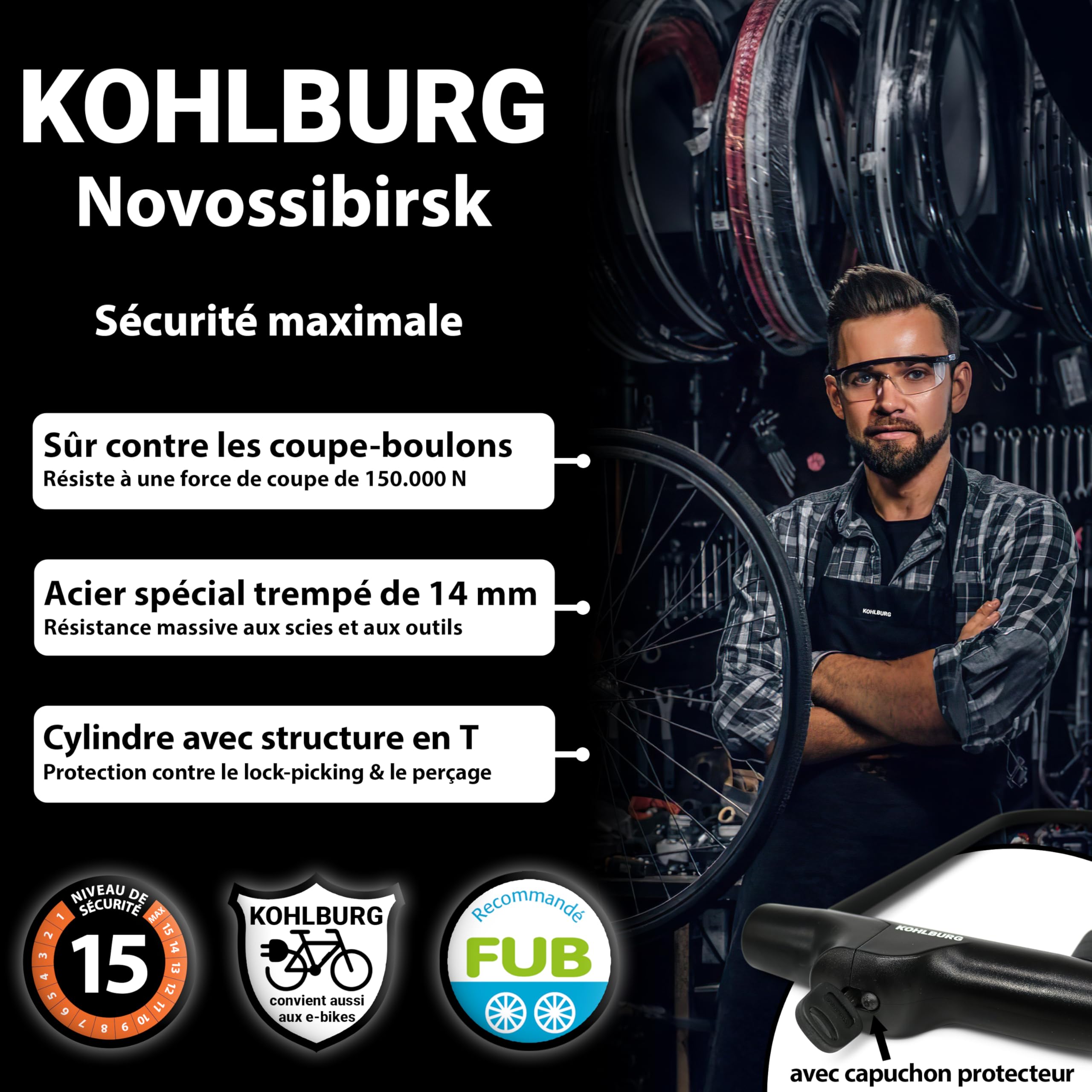 KOHLBURG Antivol en U, FUB 2 Roues - Avec Câble de 170 cm, 4 clés, support | Sold Secure Diamond, Sécurité maximale 15/15, Grand format pour vélo électrique & bicyclette, Serrure vélo et U‑Lock Bike