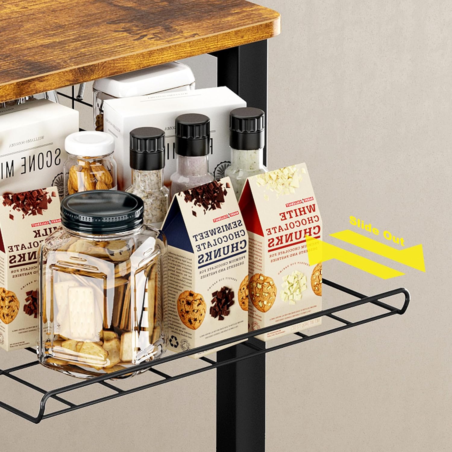 sogesfurniture 3-Tier Kitchen Baker's Rack with Power Outlet & USB Ports,Utility Microwave Oven Stand Storage Cart, LED Kitchen Storage Cart Workstation Shelf with 5 S-Hooks,Rustic Brown