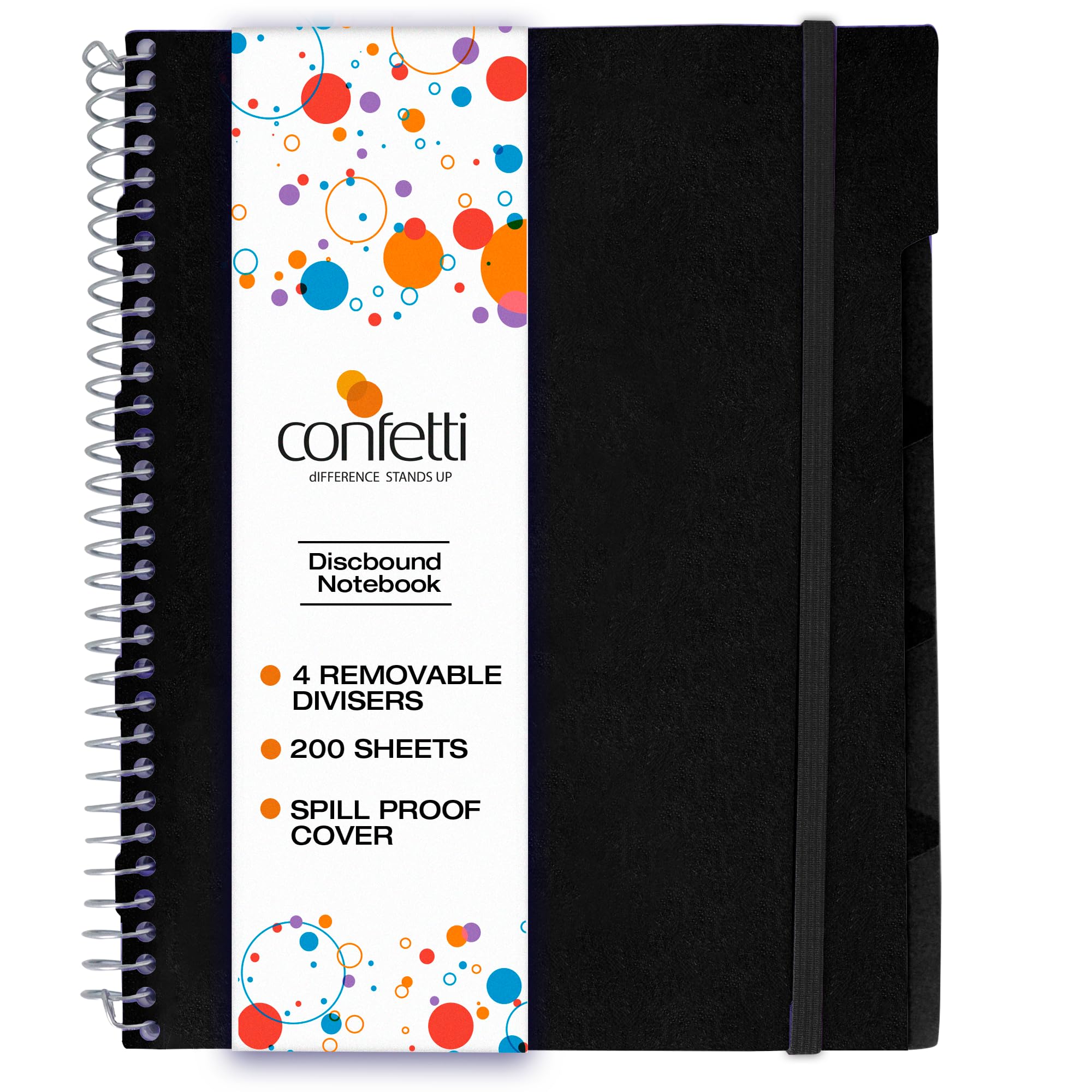 Confetti Cuaderno de espiral perforado, cuaderno escolar y de oficina, encuadernado en espiral resistente con 4 separadores y bolsillo de almacenamiento, 200 hojas, color negro