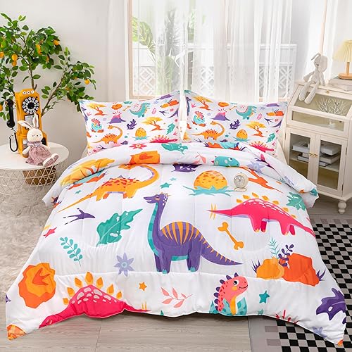 Miniatura 2 de CVHOUSE Juego de ropa de cama de dinosaurio, juego de edredón individual con 1 edredón y 2 fundas de almohada, juego de edredón de microfibra, 3