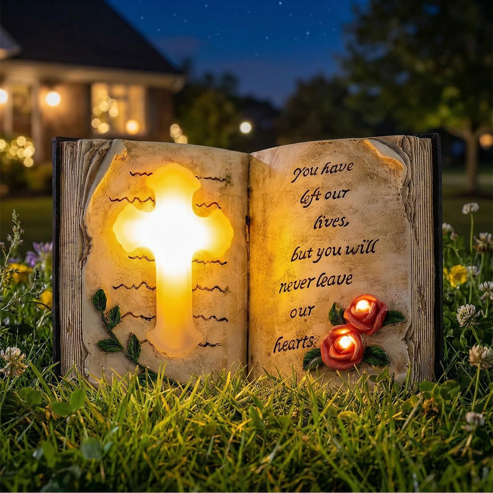Candieslife Outdoor Solar Memorial Cross Stakes Lights, Waterproof Book Statue Grave Decorations Sympathy Gifts for Cemetery Garden Lawn Yard Patio Home Decor