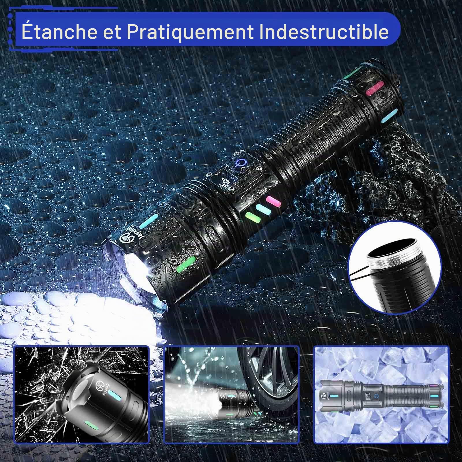 Jayxinli Lampe Torche LED Ultra Puissante 1000000 Lumens - Rechargeable avec Batterie 5000mAh Affichage LCD De La Puissance, 5 Modes, Zoomable, IP67 Étanche pour Camping, Ventures en Plein Air