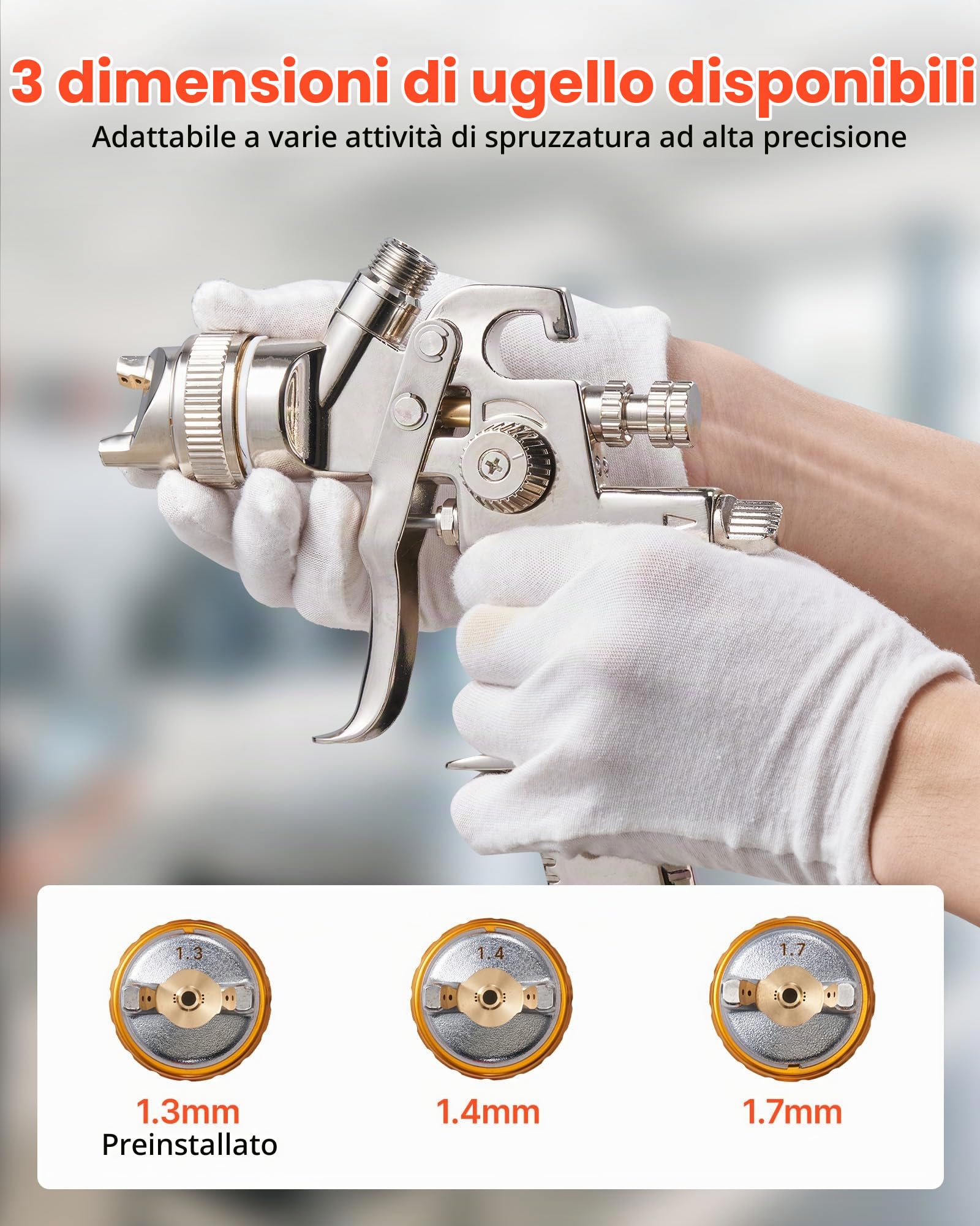 VEVOR Pistola a Spruzzo Pneumatica a Gravità LVLP 600mL con 3 Ugelli 1,3/1,4/1,7 mm, Kit di Spruzzatore ad Aria Compressa, Pistola per Verniciatura Pneumatica LVLP per Auto, Pareti