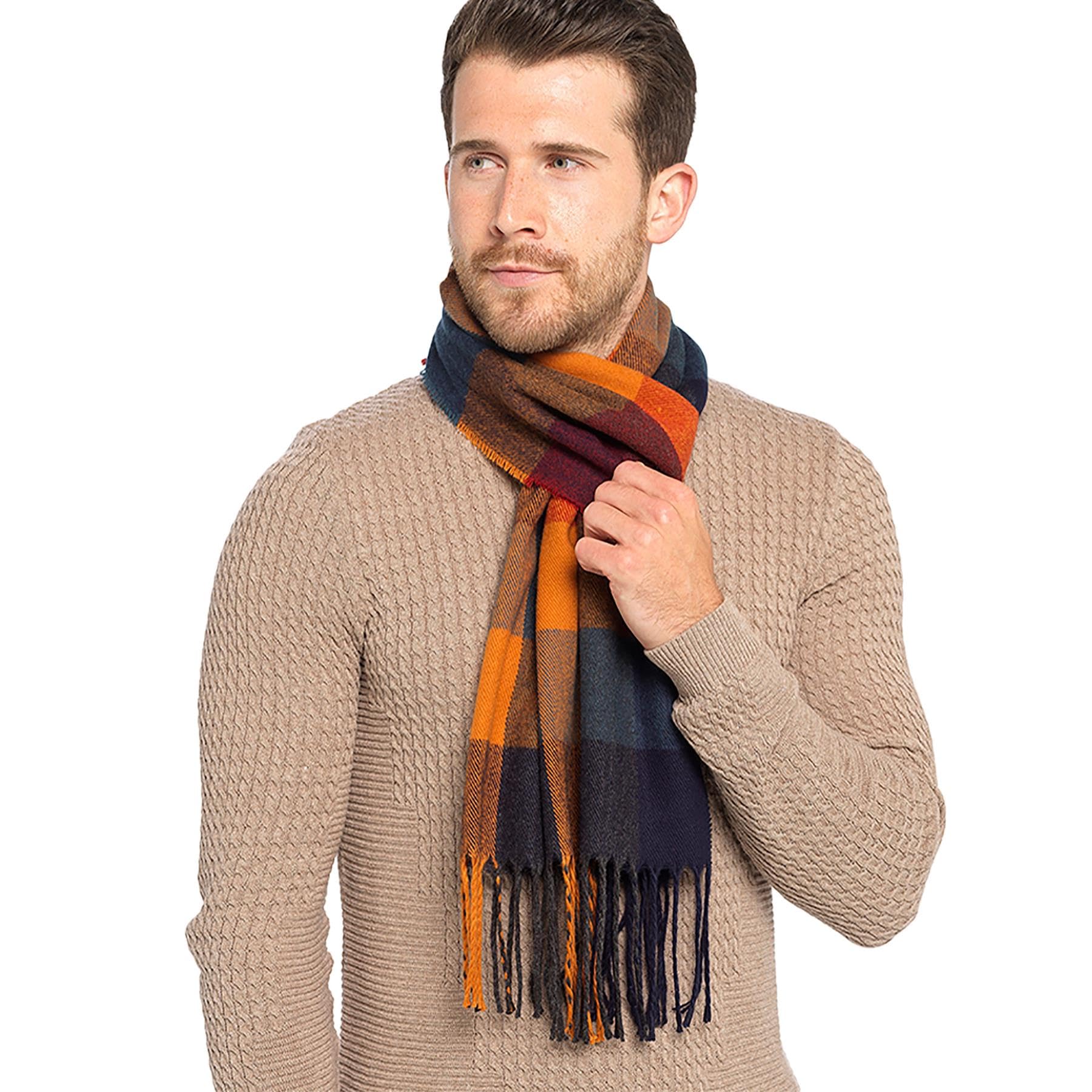 A2z Men's Navy Check Checked Scarf Tartan Pattern Soft Winter Wrap With Fringe Warm Stylish Blanket Scarf For Cold Wather Casual Formal Wear Large Size 185Cm X 36Cm Plus 11Cm X 2 Sides Tassels