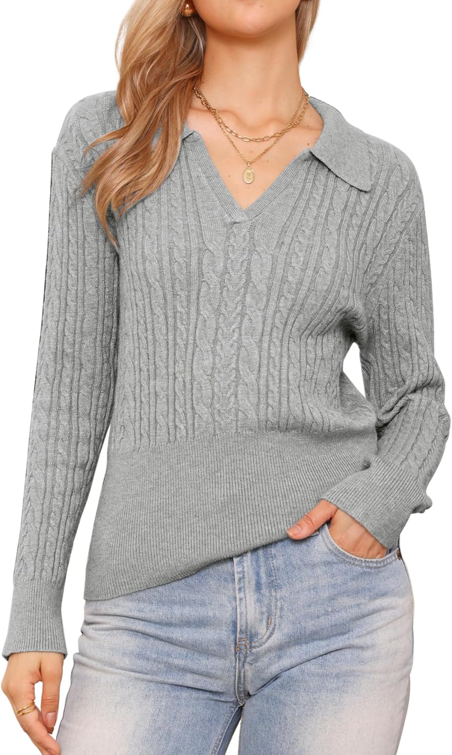 Allegra K Cable Knit Sweaters for Women's 2025 Collared V Neck Long Sleeve Pullover Sweater
