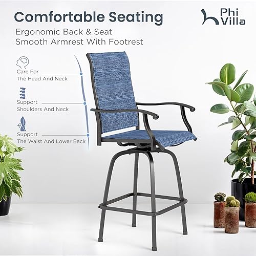 Miniatura 6 de PHI VILLA Juego de 2 taburetes de bar giratorios para exteriores, sillas de patio altas de 30 pulgadas de altura con tela de textileno para todo