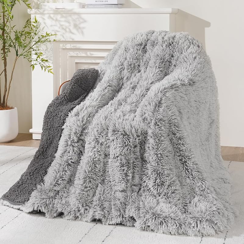 Shaggy Faux Fur Weighted Blanket for Adult 15lbs, Queen Size 60x80 | Fluffy Long Plush Fleece; Fuzzy Sherpa Reverse; Machine Washable; Glass Beads; Heavy Blankets for Bed, Couch; Grey Backprint