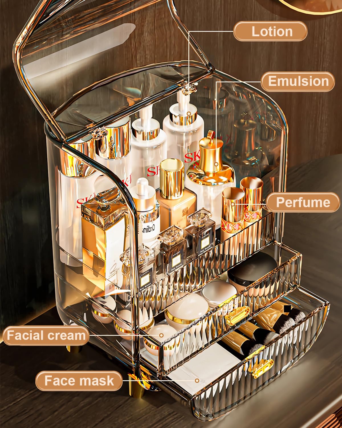 Organizador de maquillaje, organizador de maquillaje de gran capacidad para tocador, a prueba de polvo, impermeable, con cajones para el cuidado de la piel, lápiz labial, brochas y joyas