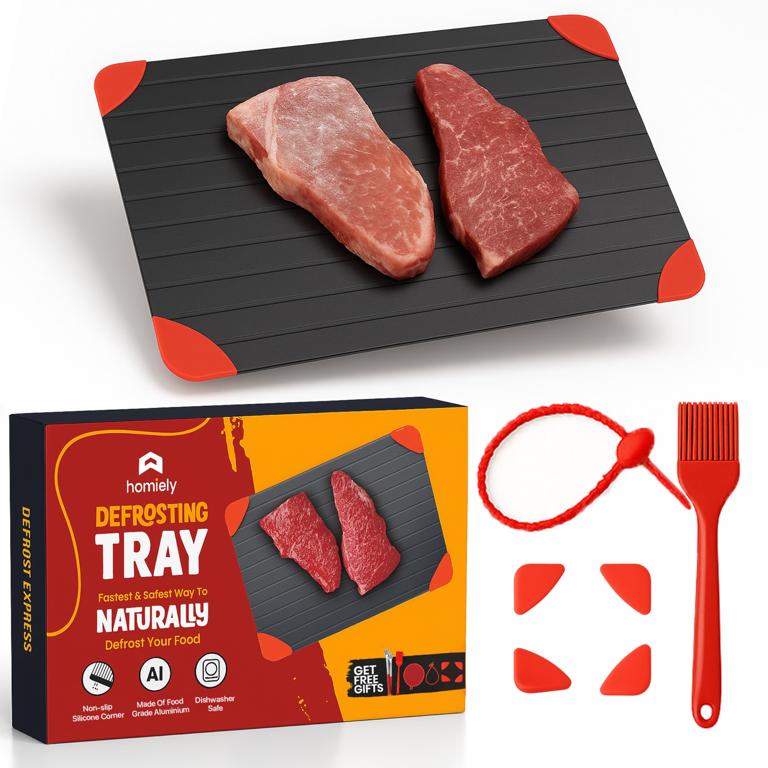 Homiely Black/Red Defrosting Tray - Thawing Tray Defrosting Board And Plate For Frozen Meat, Defrost Tray Rapid, Thaw Plate (Silicone Hanging Loop, Silicone Scrubber, Basting Brush, Stainless Steel Tong)