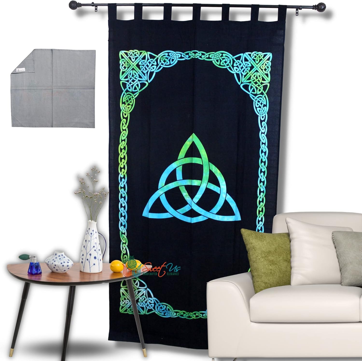 Sweet Us Curtain for Living Room and One Coffee Table Cover, Cotton Tab Top Linen Curtain Panel, Black Curtain, Single Tie-Dye Curtain Celtic Triquetra Trinity Curtain 44 x 88 inches Multi-Color