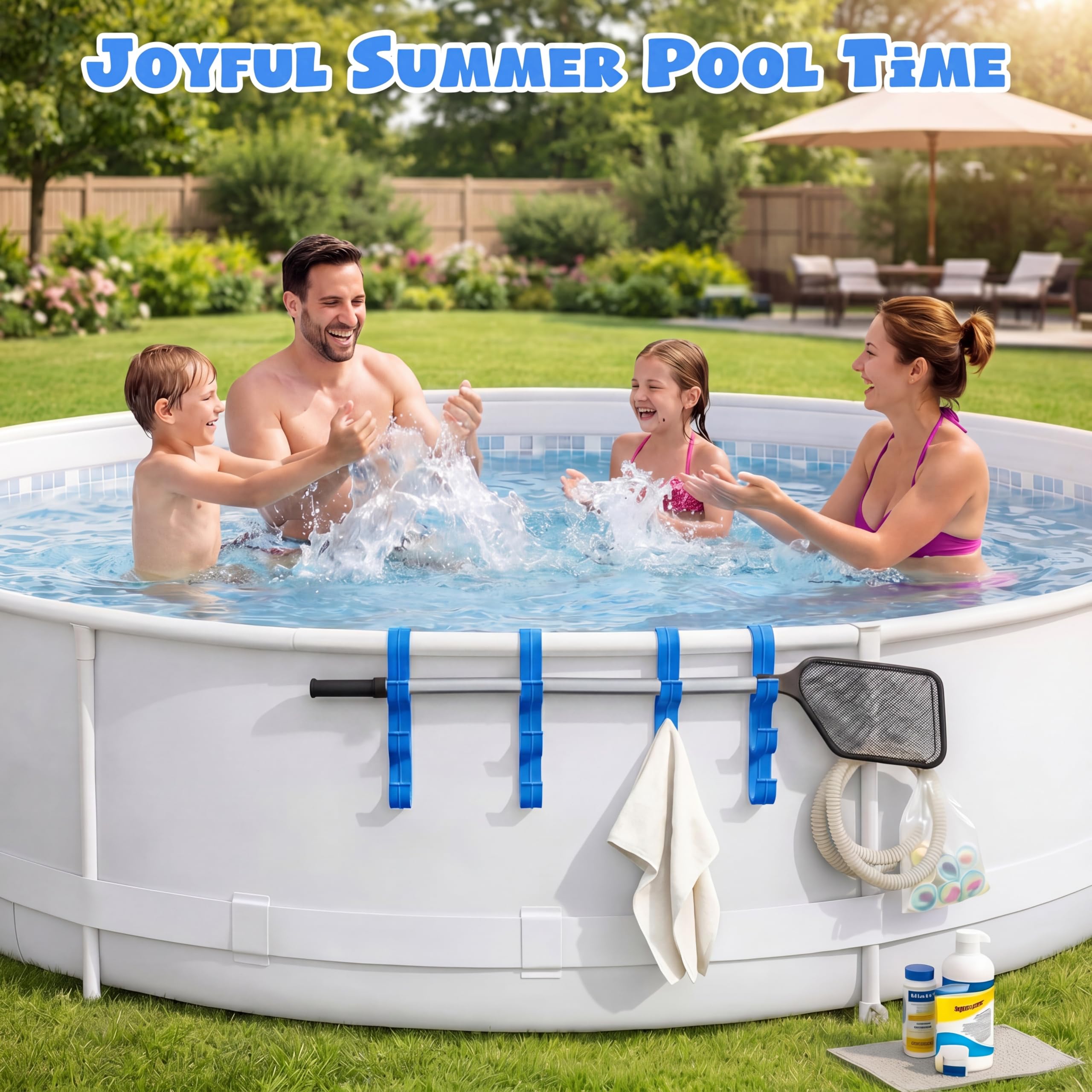 Chumia Confezione da 4 ganci per pali da piscina con 3 ganci, organizer regolabile a bordo piscina, accessori per piscina fuori terra, con asta di supporto per rete skimmer, spazzola, tubo di