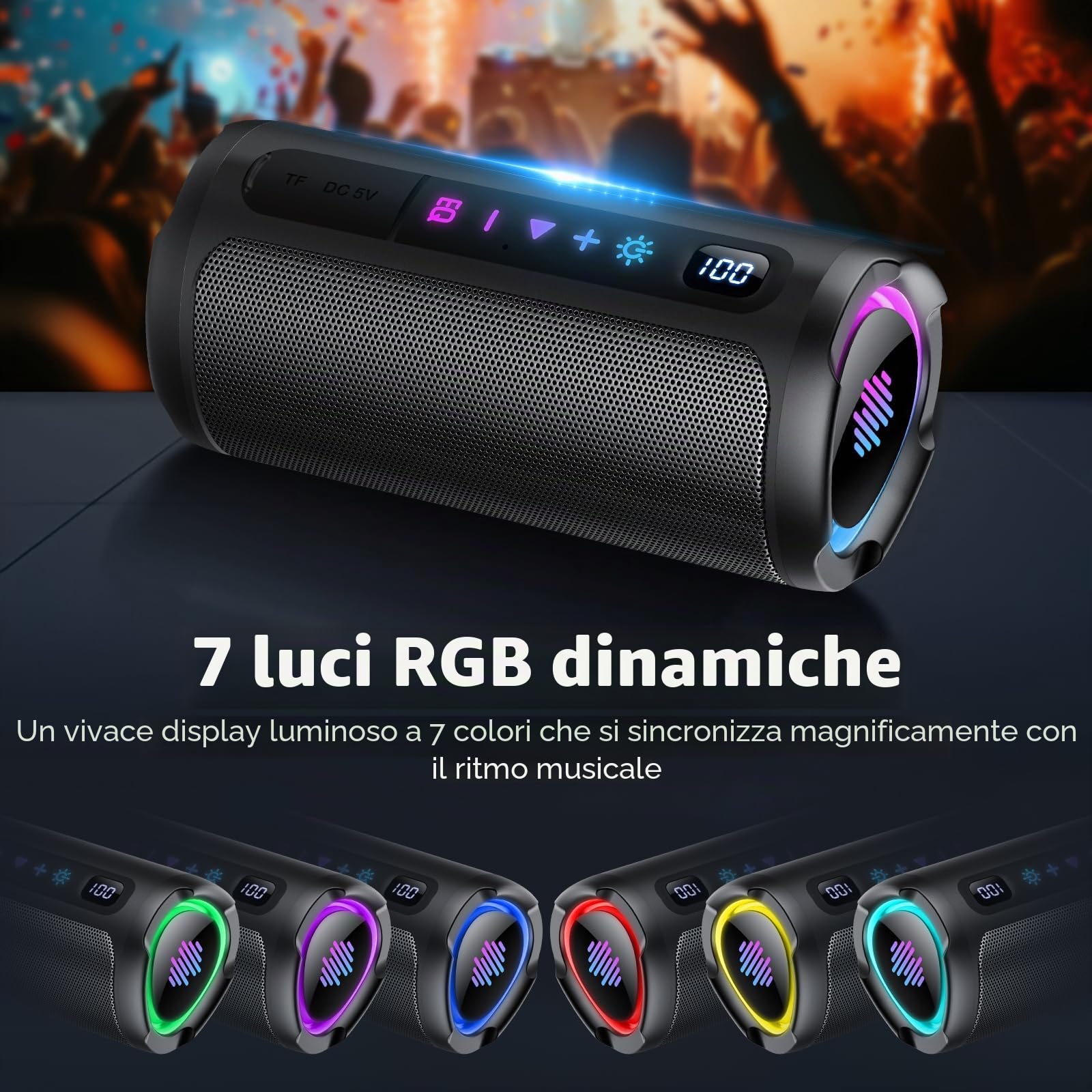 2026 Cassa Bluetooth 5.4 Potente 20W, Doppio Driver Basso, 20H Autonomia,TF | Casse Bluetooth Portatile con 2 EQ Modalità+Display Digitale, 7 RGB,Accoppiamento TWS,Altoparlante Bluetooth da Esterno Feste