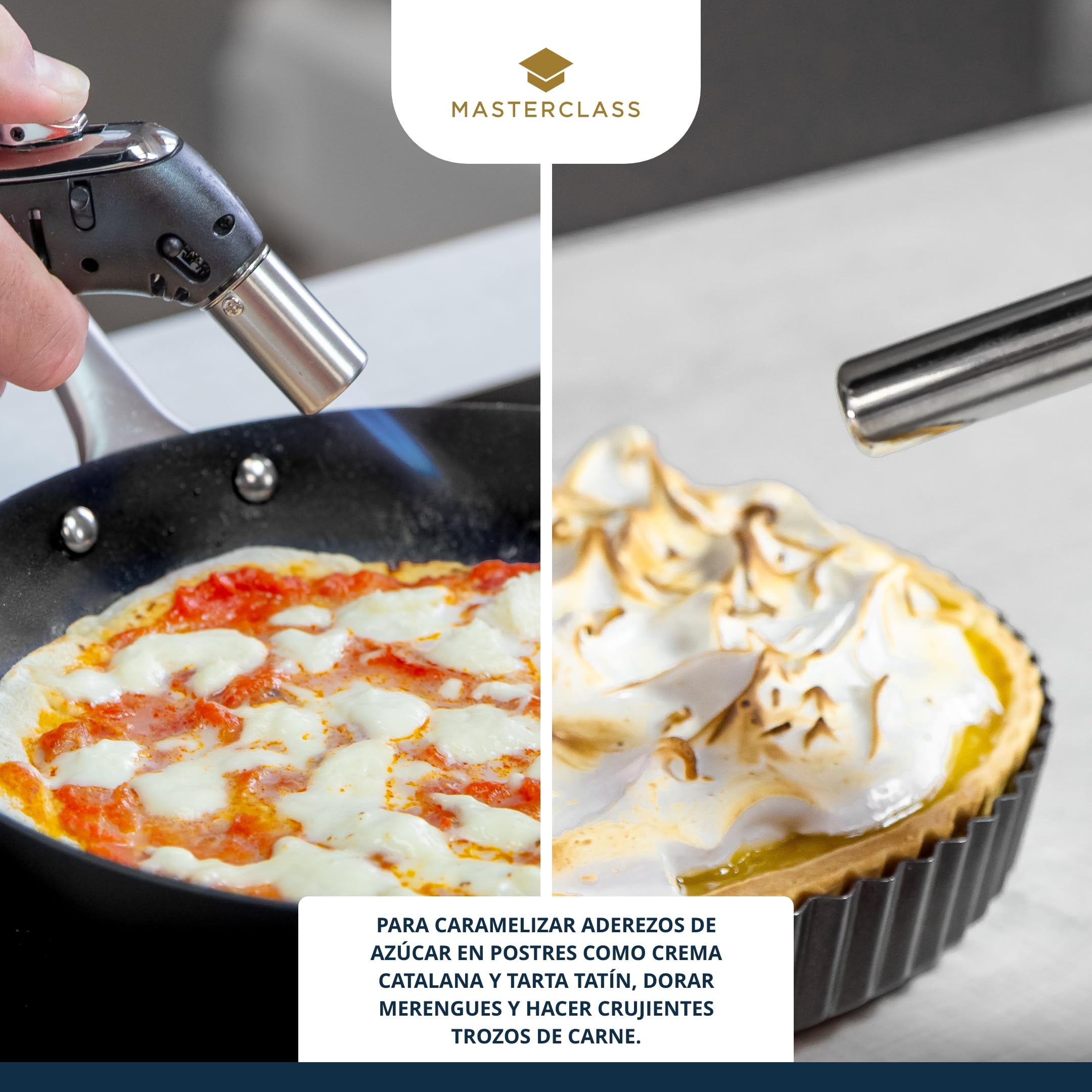 MasterClass Soplete, Soplete de Chef Recargable, Llama Antirreflectante Ajustable, Cuerpo Metálico Antideslizante, Gris/Plata