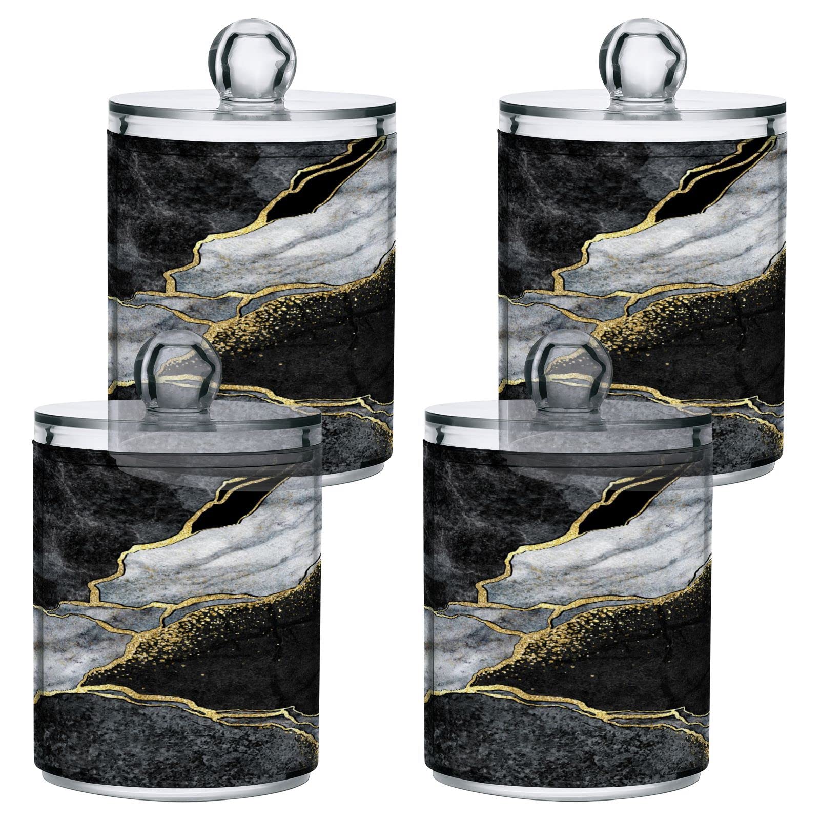 4 Pack Qtip Holder Organizer Dispenser Abstract Black White Gold Marble Bathroom Containers Bathroom Vanity Storage Canister Apothecary Jars for Cotton Swabs/Pads/Floss