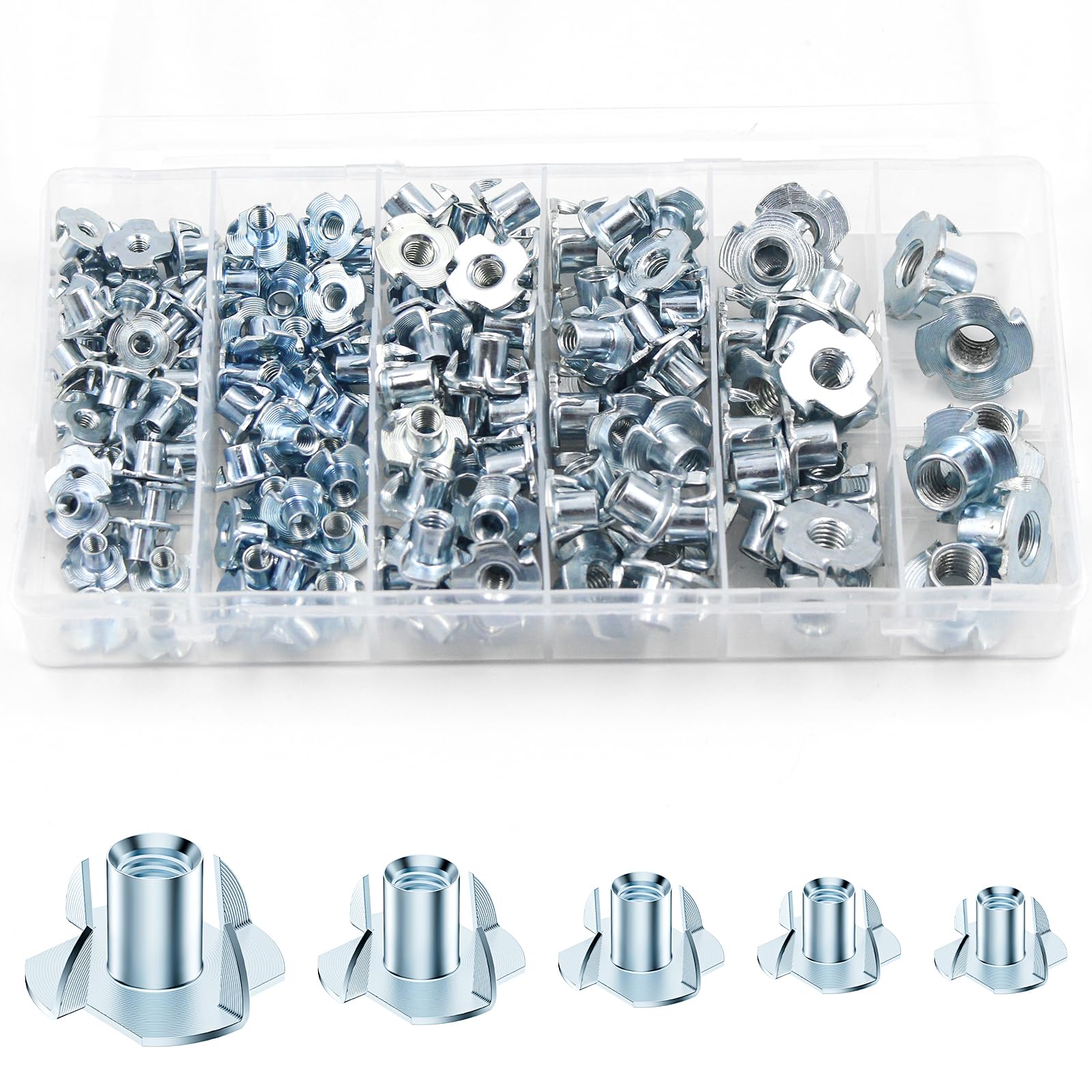 Urtioty 151Pcs T Nuts for Wood, Four Pronged Tee Nuts M4 M5 M6 M8 M10, Galvanised Carbon Steel Hammer-In T Nut Insert Kit for Furniture, Cabinets & Woodworking