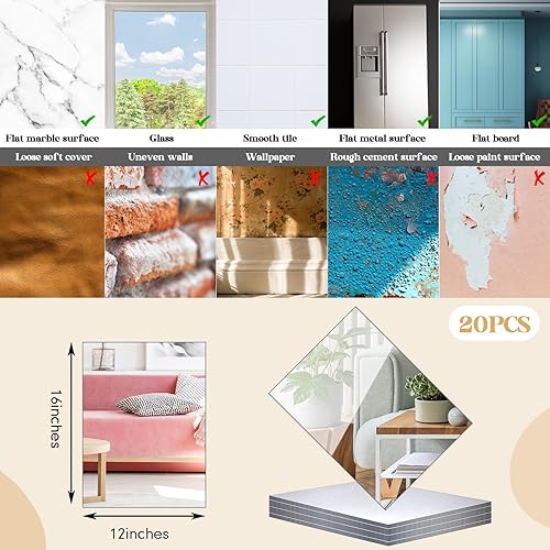 Miniatura 5 de Queekay 20 espejos de gimnasio para el hogar, 12 x 16 pulgadas, espejo de pared acrílico sin marco, 0.079 in de grosor, azulejos autoadhesivos para