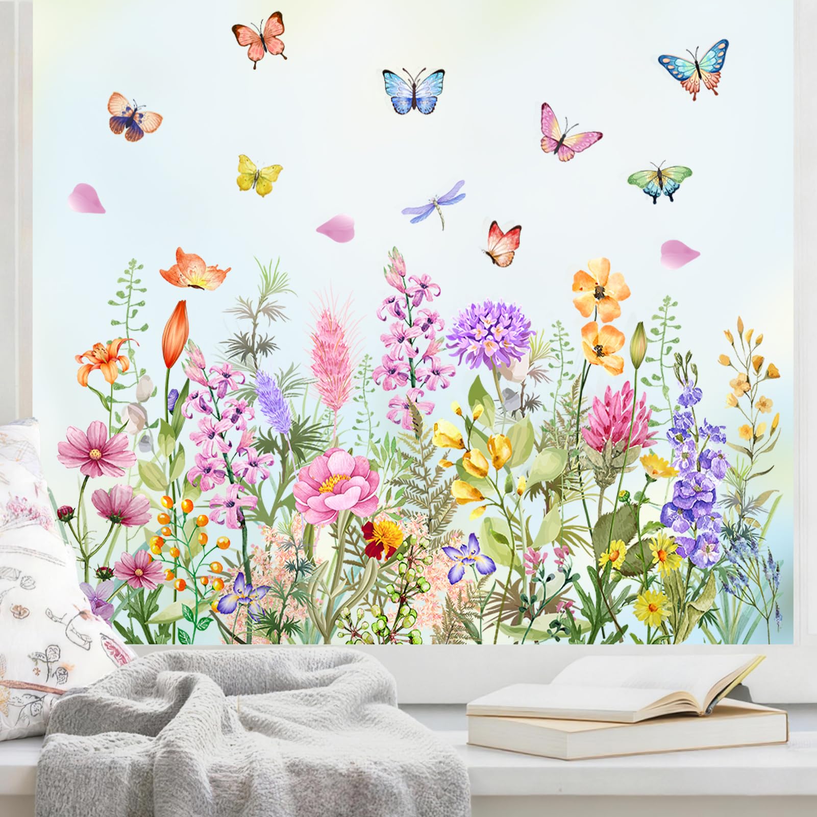 Comooka Multicolour 3 Sheets Flower Spring Window Stickers For Glass Butterfly Spring Decorations Double-Side Window Clings Pastel