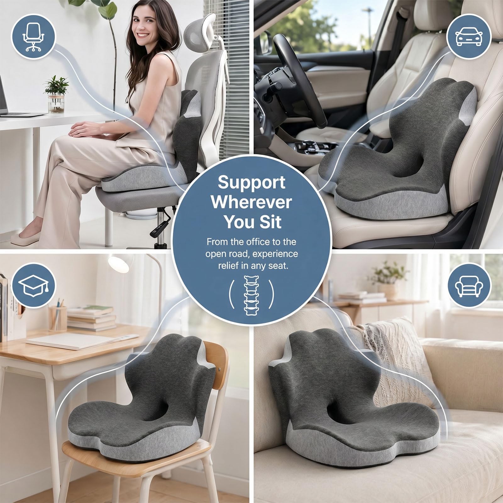 Cuscino per sedile in memory foam, cuscino 2 in 1 per sedile e supporto lombare, cuscino ergonomico per auto, cuscino per il coccige, per dolore al coccige, per ufficio, casa, sedia a rotelle