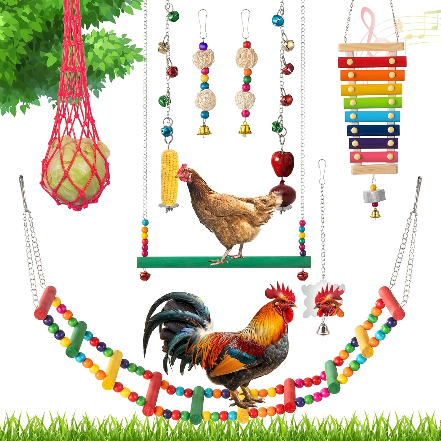 Complete Chicken Toys Set of 9 – All-in-One Chicken Coop Accessories with Xylophone, Swing, Chicken Mirror, Ladder, Vegetable String Bag & Hanging Feeder Coop Toy for Happy Hens