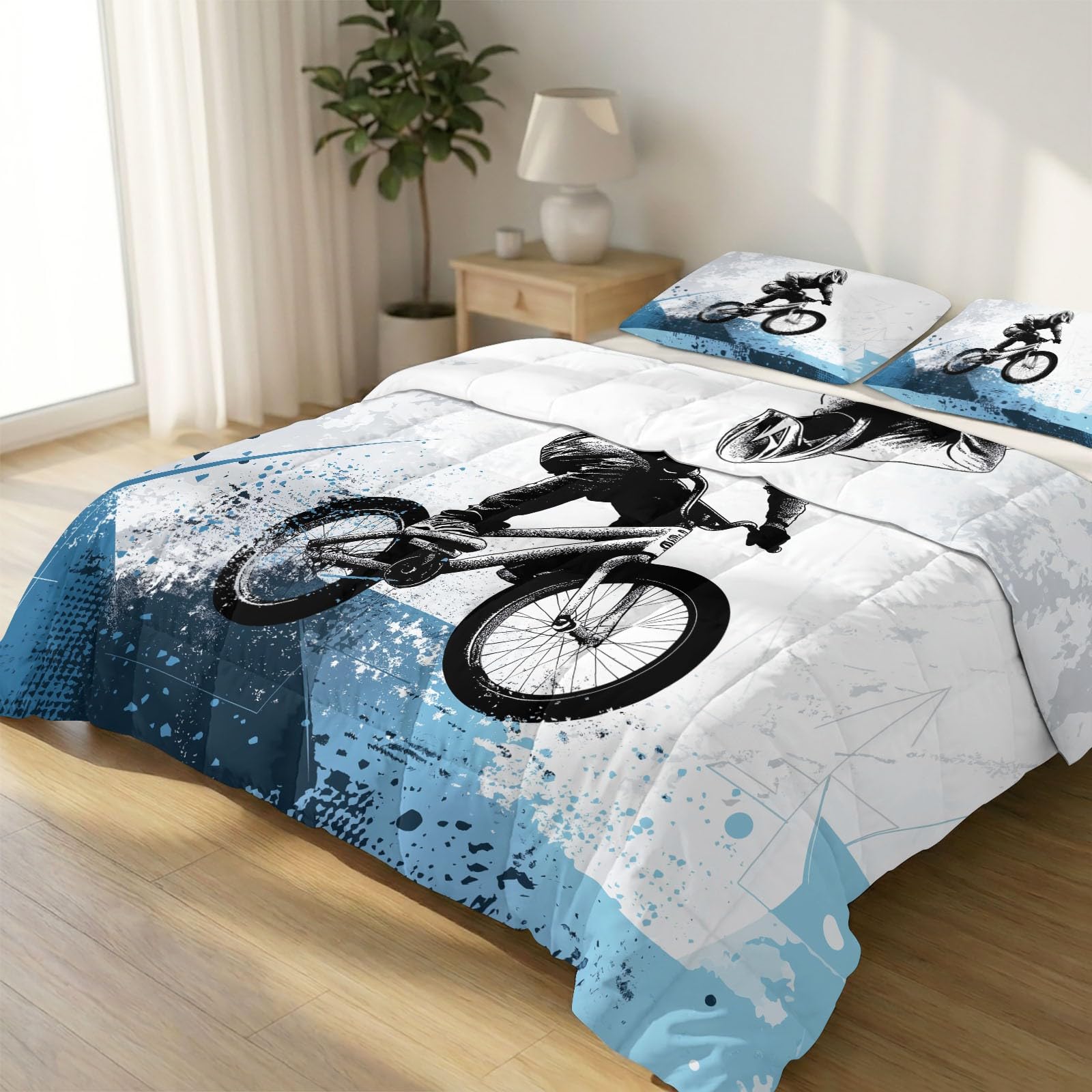 Couette 2 personnes 240x220 cm silhouette cycliste graffiti lit bicolore sport