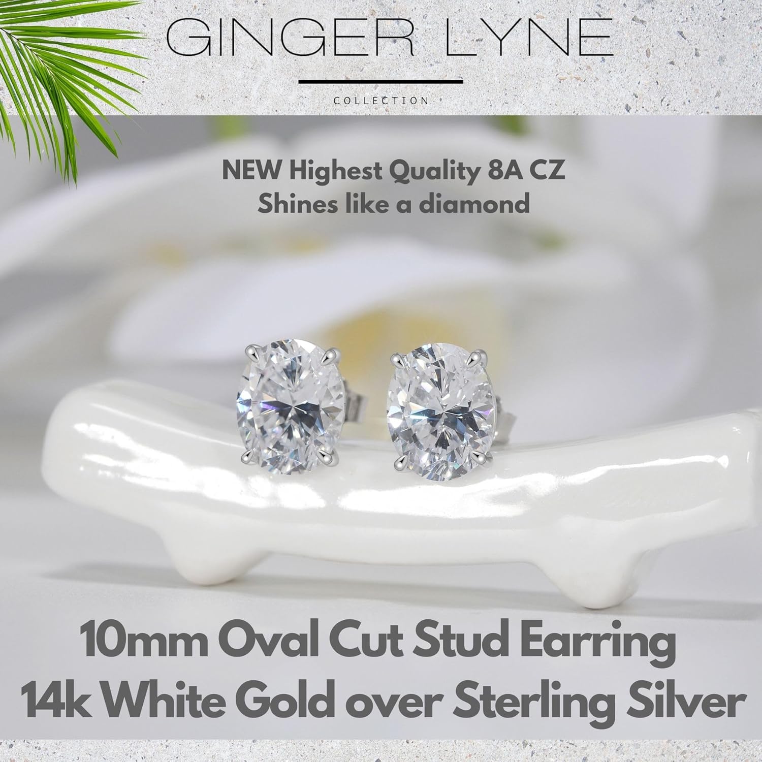 Faux Diamond Stud Earrings For Women 10mm Oval Cut 14k Gold Plated Sterling Silver 5ct Cubic Zirconia Earring Studs for Her by Ginger Lyne Pierced Jewelry For Her - Image 2