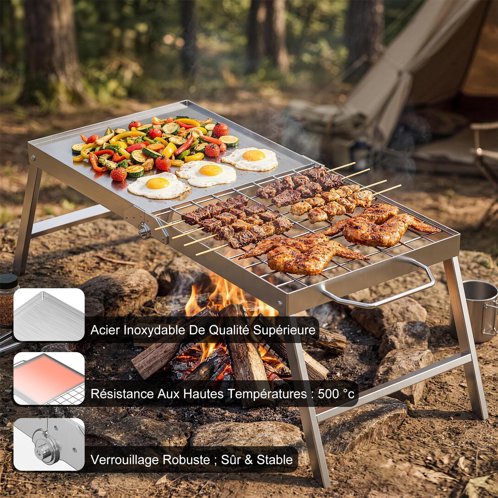 onlyfire Barbecue de Camping Pliable 2-en-1 en Acier Inoxydable | Plancha et Grille pour Feu de Camp, Format Valise, Charge 20 kg, Sans Montage, 60 × 28 × 24 cm