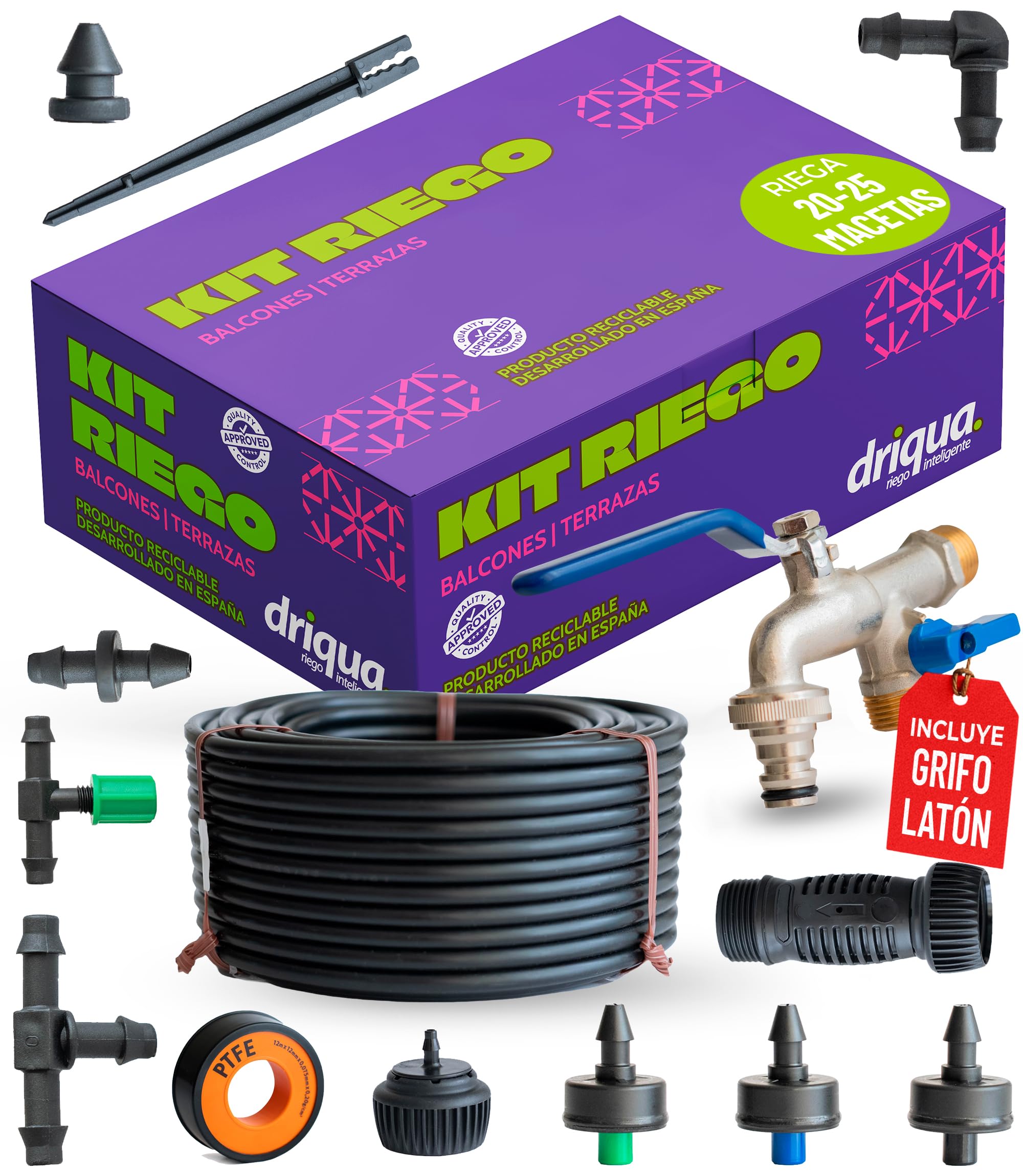Kit de Riego por Goteo Balcones Terrazas y Huerto Urbano Sistema Completo 20-25 Macetas con Grifo Doble Latón Reductor Presión Goteros Autocompensantes Microtubo 25m Instalación Fácil sin Electricidad